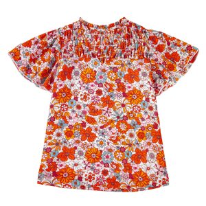 Women's Floral V-Neck Blouse – Pleated Ruffle Short Sleeve Top - Main View