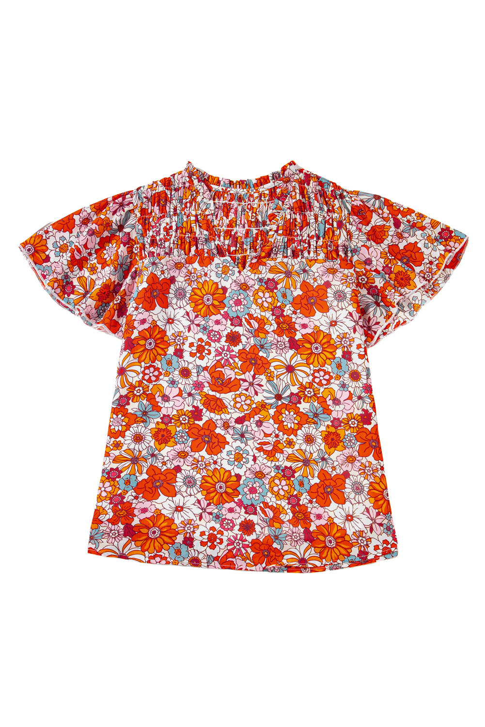 Women's Floral V-Neck Blouse – Pleated Ruffle Short Sleeve Top - Main View Women's Floral V-Neck Blouse – Pleated Ruffle Short Sleeve Top - Main View