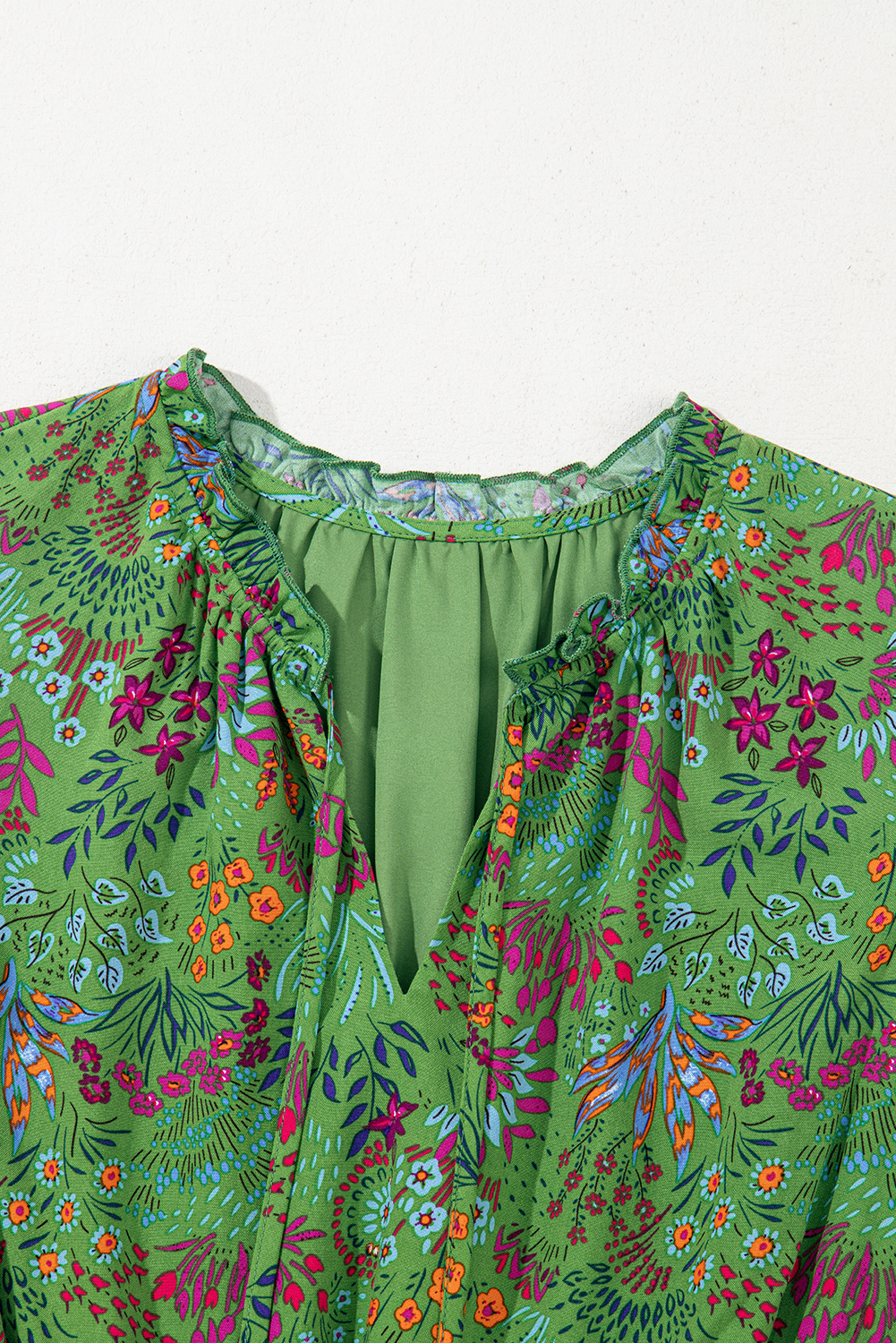 Casual Summer Dress with Flutter Sleeves and Ruffle Trim - Green Floral Print - Detail View 10 Casual Summer Dress with Flutter Sleeves and Ruffle Trim - Green Floral Print - Detail View 10
