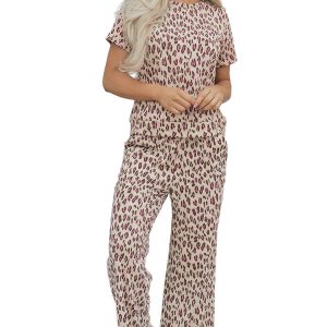 Women's Pink Leopard Print 2-Piece Outfit – Casual Short Sleeve Tee and Wide Leg Pants Set - Main View