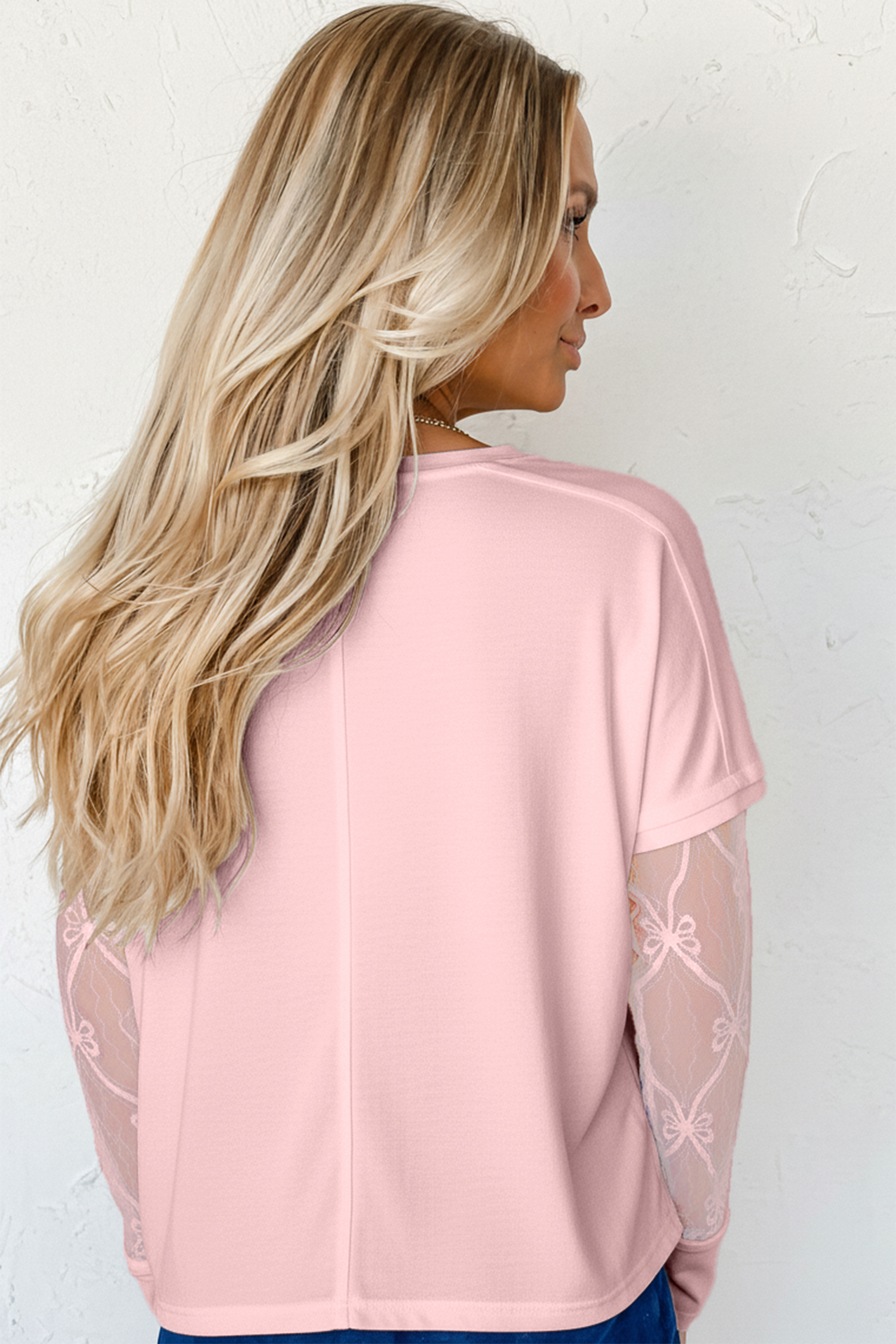 Stylish Women's Long Sleeve Tee in Light Pink – Bow Textured Patchwork for Spring Days - Detail View 6 Stylish Women's Long Sleeve Tee in Light Pink – Bow Textured Patchwork for Spring Days - Detail View 6
