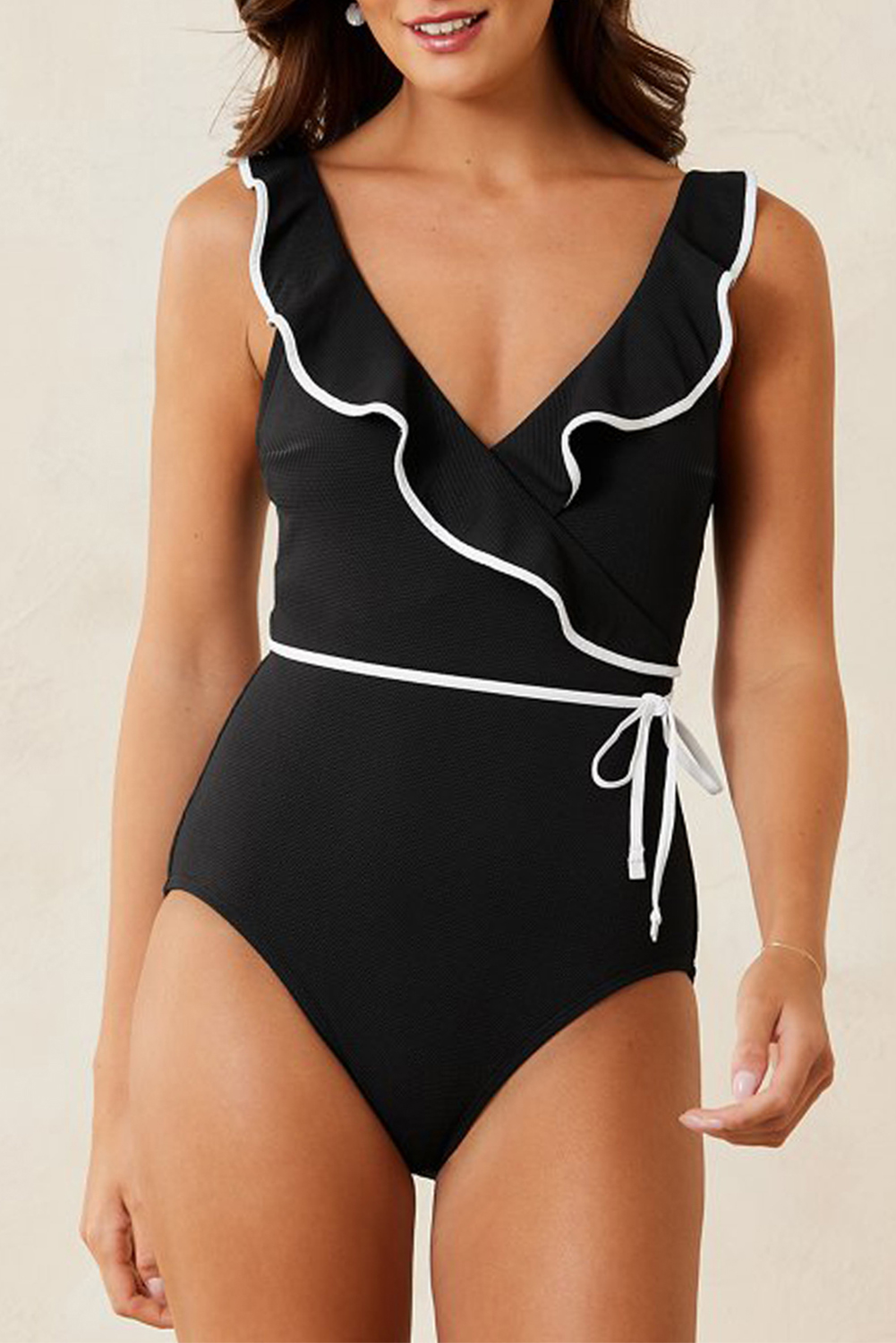 Flattering Black V Neck Swimsuit with Ruffled Details and Waist Tie for Beach Vacations - Detail View 10 Flattering Black V Neck Swimsuit with Ruffled Details and Waist Tie for Beach Vacations - Detail View 10