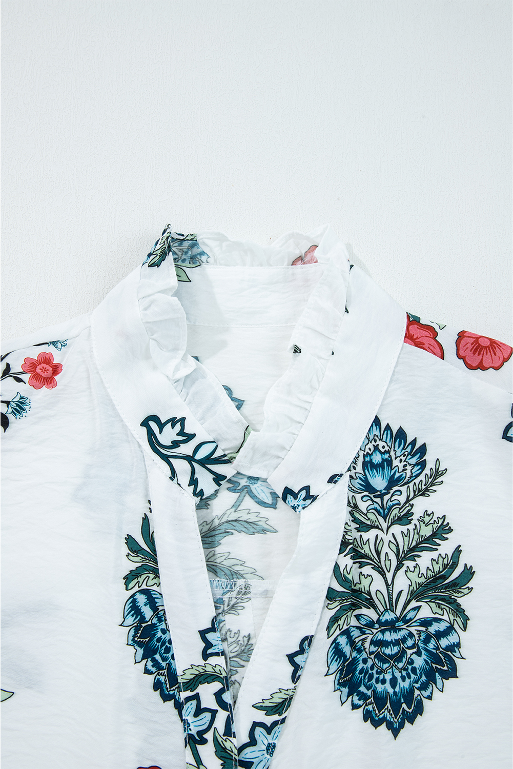 Chic and Comfortable Long Sleeve Shirt with Ruffled Collar - Floral Print Design - Detail View 6 Chic and Comfortable Long Sleeve Shirt with Ruffled Collar - Floral Print Design - Detail View 6