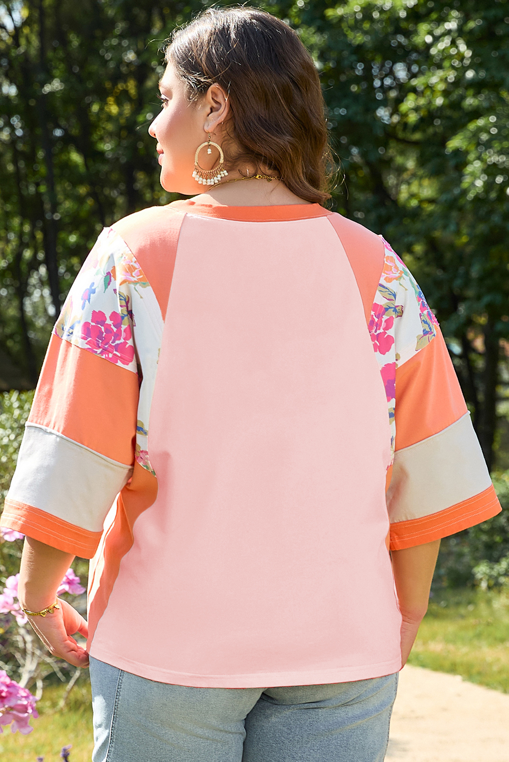 Trendy Plus Size Floral Patchwork Top with Raglan Half Sleeves for Everyday Wear - Detail View 2 Trendy Plus Size Floral Patchwork Top with Raglan Half Sleeves for Everyday Wear - Detail View 2