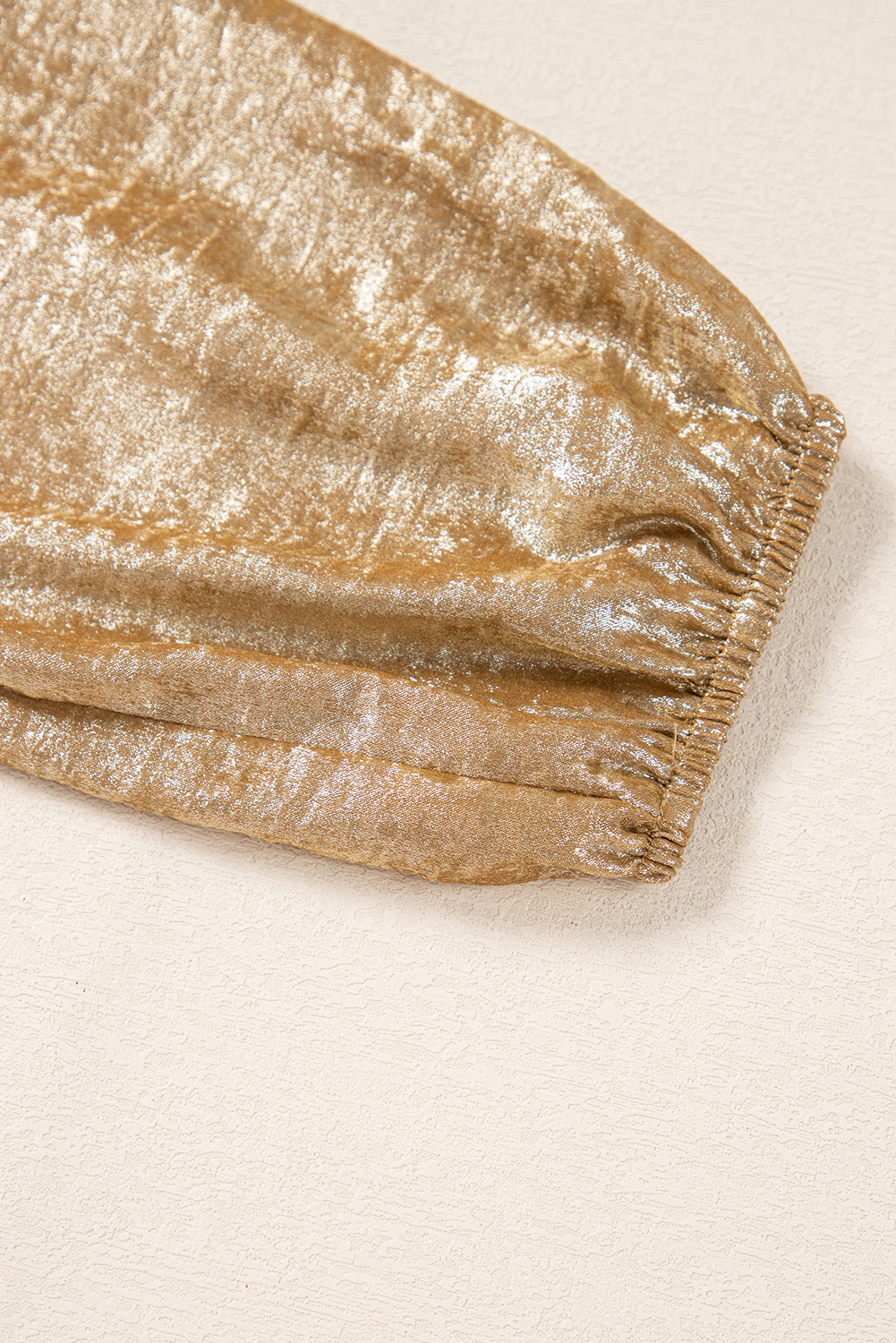 Women's Blouse, Gold Color, Bow Tie, Puff Sleeve, Ruffle Hem, Elegant Style, Daily Wear, Versatile Top, Spring Fashion, 100% Polyester, Chic Design, Shift Silhouette, Bracelet Sleeves - Detail View 8 Women's Blouse, Gold Color, Bow Tie, Puff Sleeve, Ruffle Hem, Elegant Style, Daily Wear, Versatile Top, Spring Fashion, 100% Polyester, Chic Design, Shift Silhouette, Bracelet Sleeves - Detail View 8