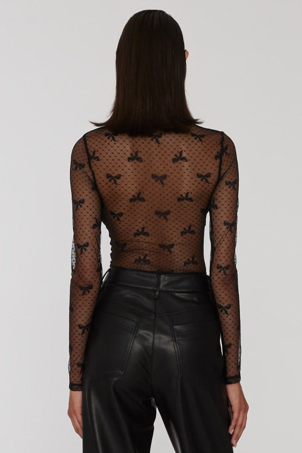 Elegant Black Long Sleeve Top - Delicate Bow Accent and Breathable Mesh - Detail View 2 Elegant Black Long Sleeve Top - Delicate Bow Accent and Breathable Mesh - Detail View 2