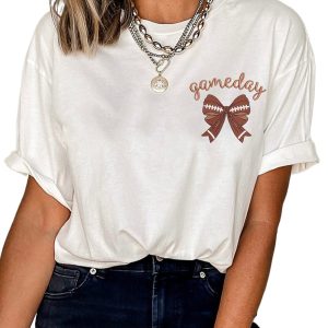 Women's White Game Day Bowknot Embroidered Graphic Casual Tee - Main View