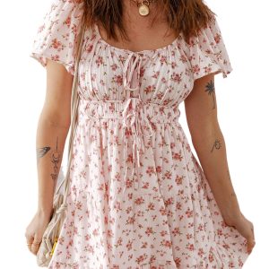 Women's Pink Floral Mini Dress – Short Sleeve Ruffled Style for Summer Vacations - Main View
