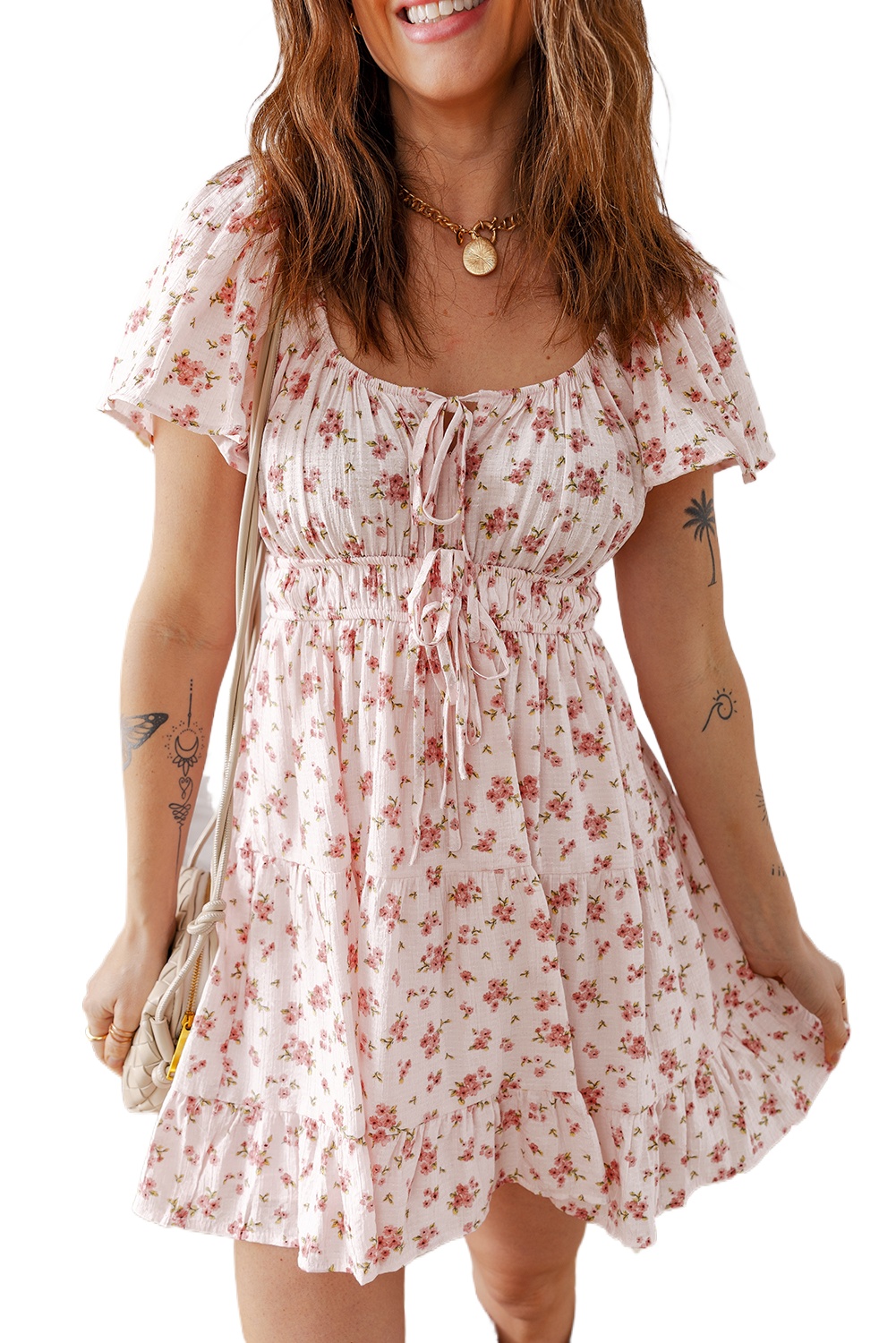 Women's Pink Floral Mini Dress – Short Sleeve Ruffled Style for Summer Vacations - Main View Women's Pink Floral Mini Dress – Short Sleeve Ruffled Style for Summer Vacations - Main View