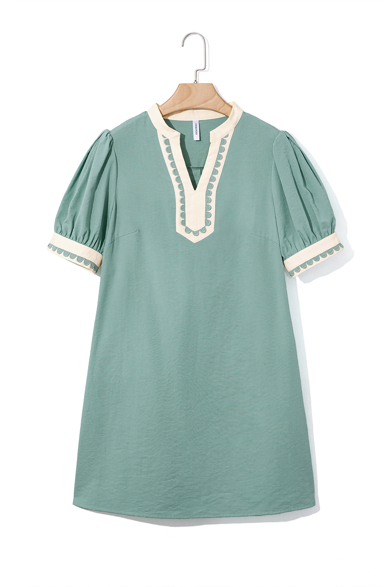 Women's Puff Sleeve Mini Dress – V Neck Color Block Shift Dress with Scallop Trim for Summer Daily Wear - Detail View 19 Women's Puff Sleeve Mini Dress – V Neck Color Block Shift Dress with Scallop Trim for Summer Daily Wear - Detail View 19
