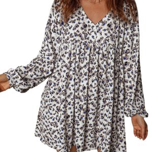 Women's Multicolour Leopard Print V Neck Mini Dress – Long Sleeve Casual Chic for Spring - Main View
