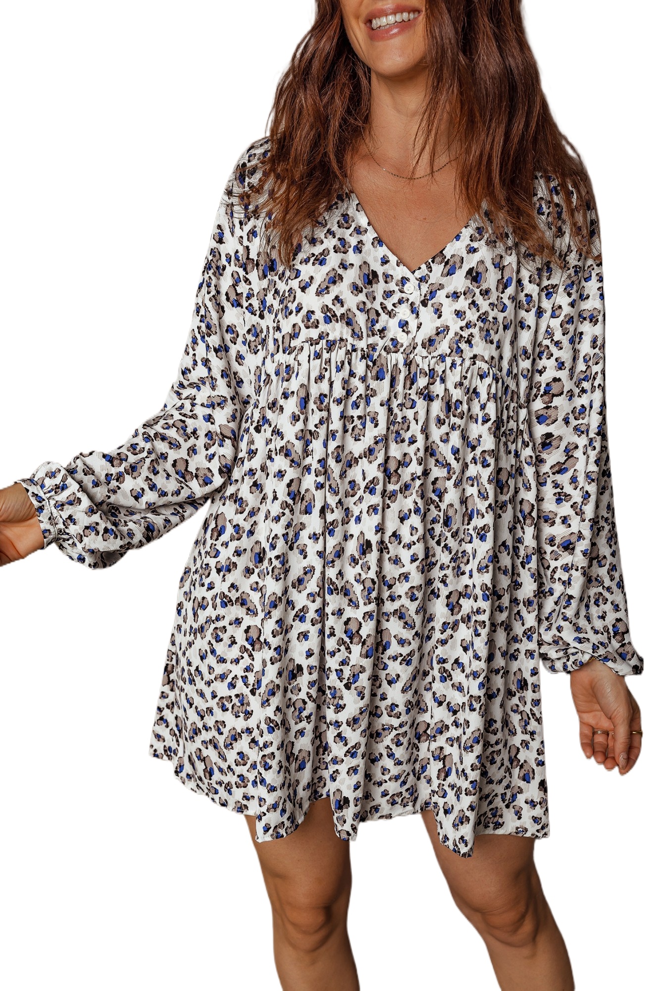 Women's Multicolour Leopard Print V Neck Mini Dress – Long Sleeve Casual Chic for Spring - Main View Women's Multicolour Leopard Print V Neck Mini Dress – Long Sleeve Casual Chic for Spring - Main View