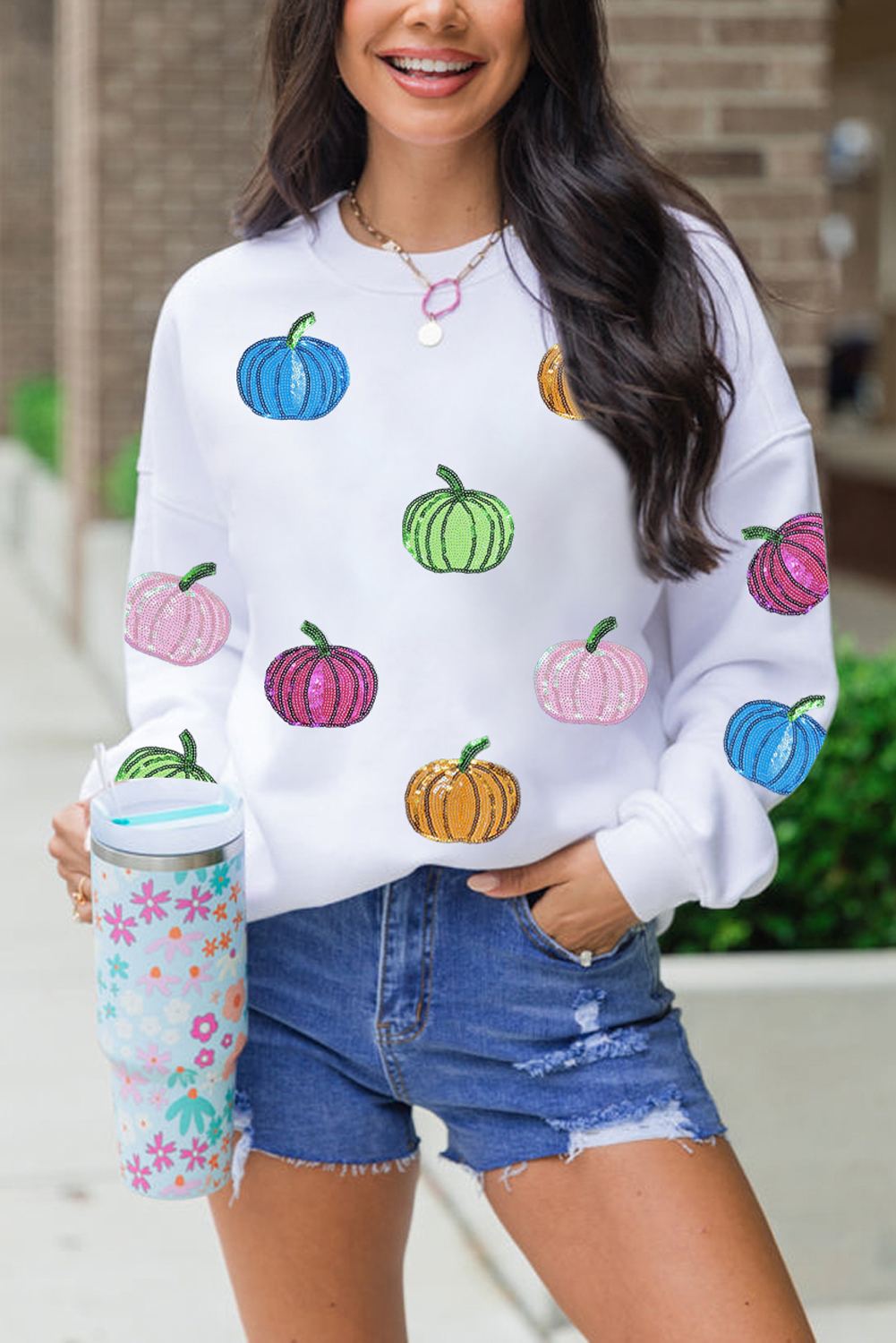 Casual Long Sleeve Sweatshirt with Round Neck and Fun Sequin Pumpkin Design - Detail View 6 Casual Long Sleeve Sweatshirt with Round Neck and Fun Sequin Pumpkin Design - Detail View 6