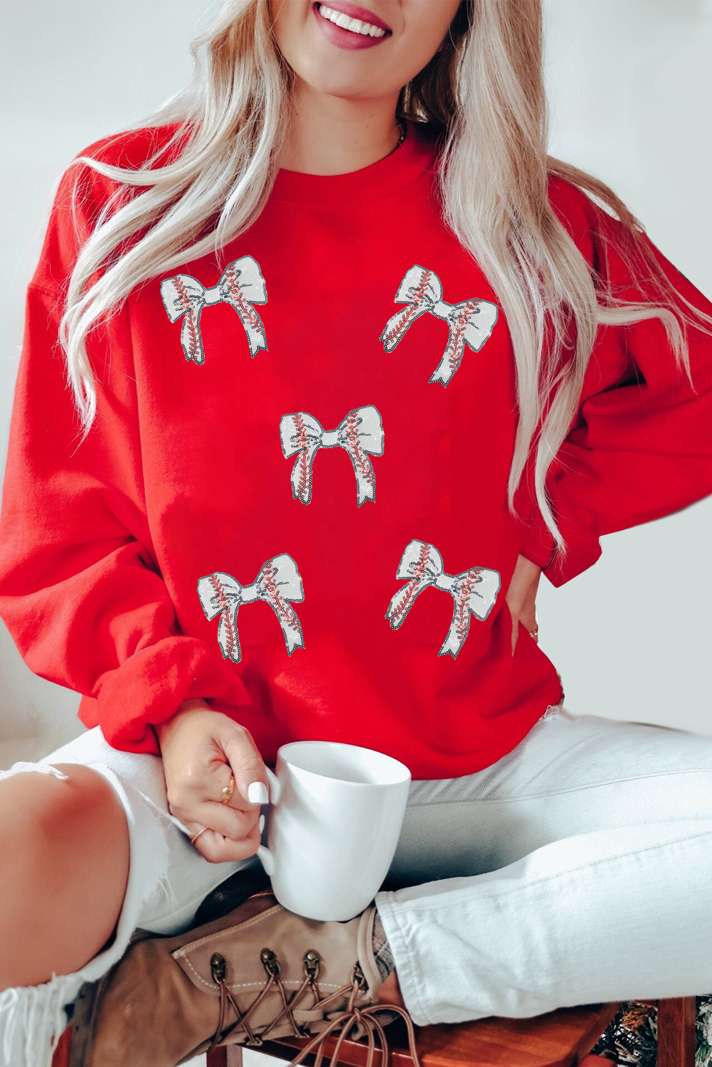 Trendy Plus Size Red Sweatshirt with Sequin Bow Detail - Perfect for Game Day - Detail View 2 Trendy Plus Size Red Sweatshirt with Sequin Bow Detail - Perfect for Game Day - Detail View 2