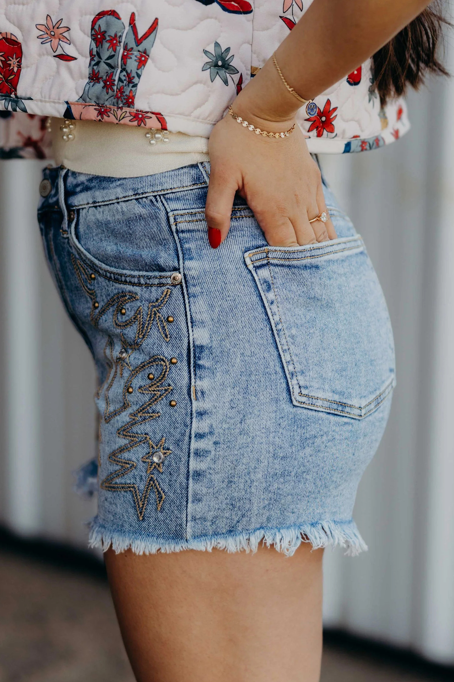 Dusk Blue Western Studded Denim Shorts for Women – High Waisted Embroidered Shorts for Concerts - Detail View 2 Dusk Blue Western Studded Denim Shorts for Women – High Waisted Embroidered Shorts for Concerts - Detail View 2