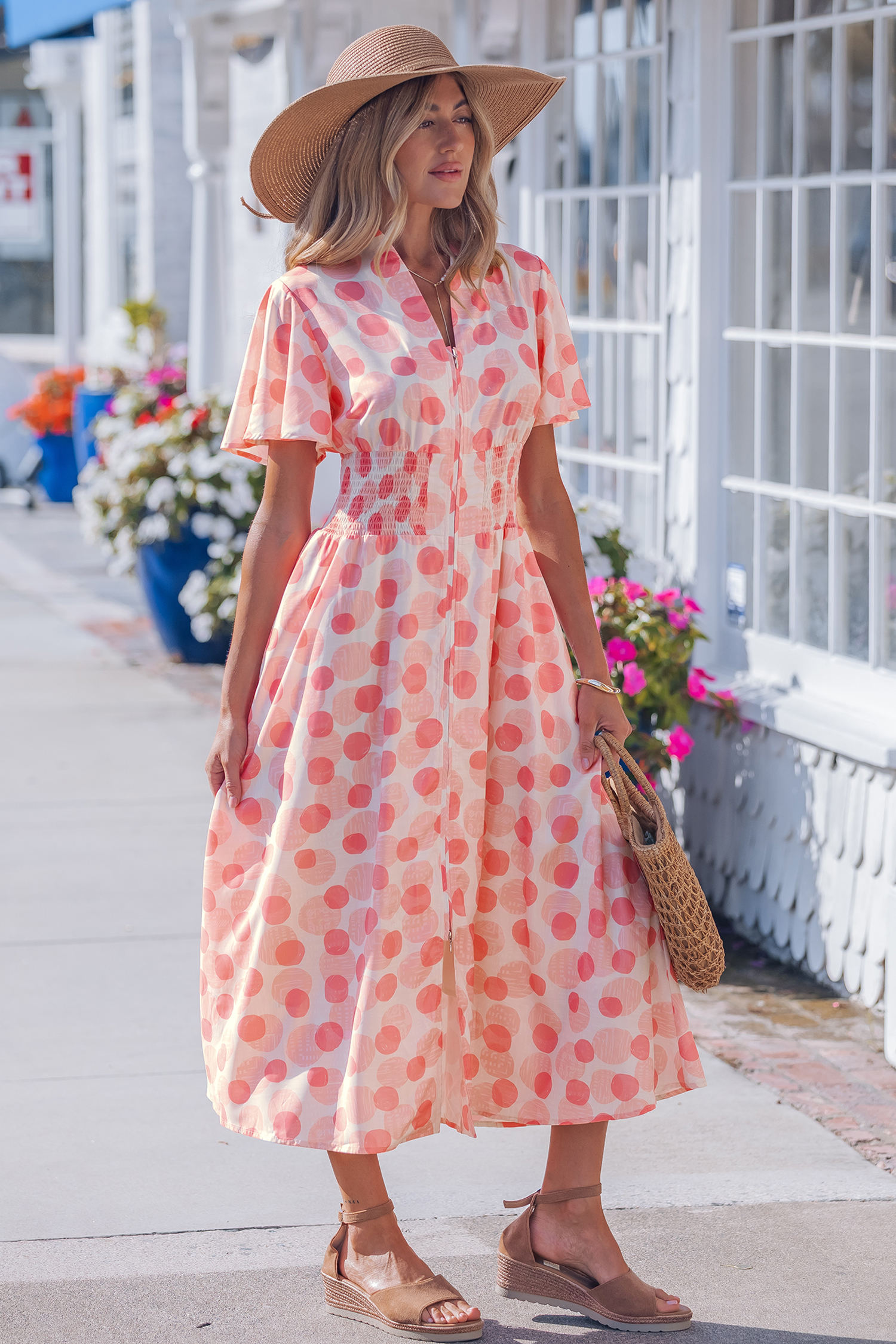 Summer Pink Polka Dot Zip Up Dress for Women – Casual Short Sleeve Shirred Long Dress - Detail View 11 Summer Pink Polka Dot Zip Up Dress for Women – Casual Short Sleeve Shirred Long Dress - Detail View 11