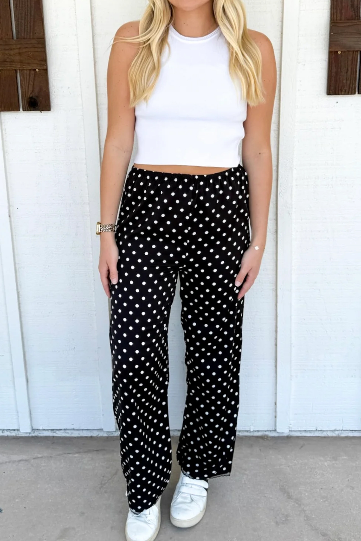 Elastic Waist Polka Dot Pants for Women – Comfortable Shift Silhouette Trousers with Delicate Lace Hem Detail - Detail View 5 Elastic Waist Polka Dot Pants for Women – Comfortable Shift Silhouette Trousers with Delicate Lace Hem Detail - Detail View 5