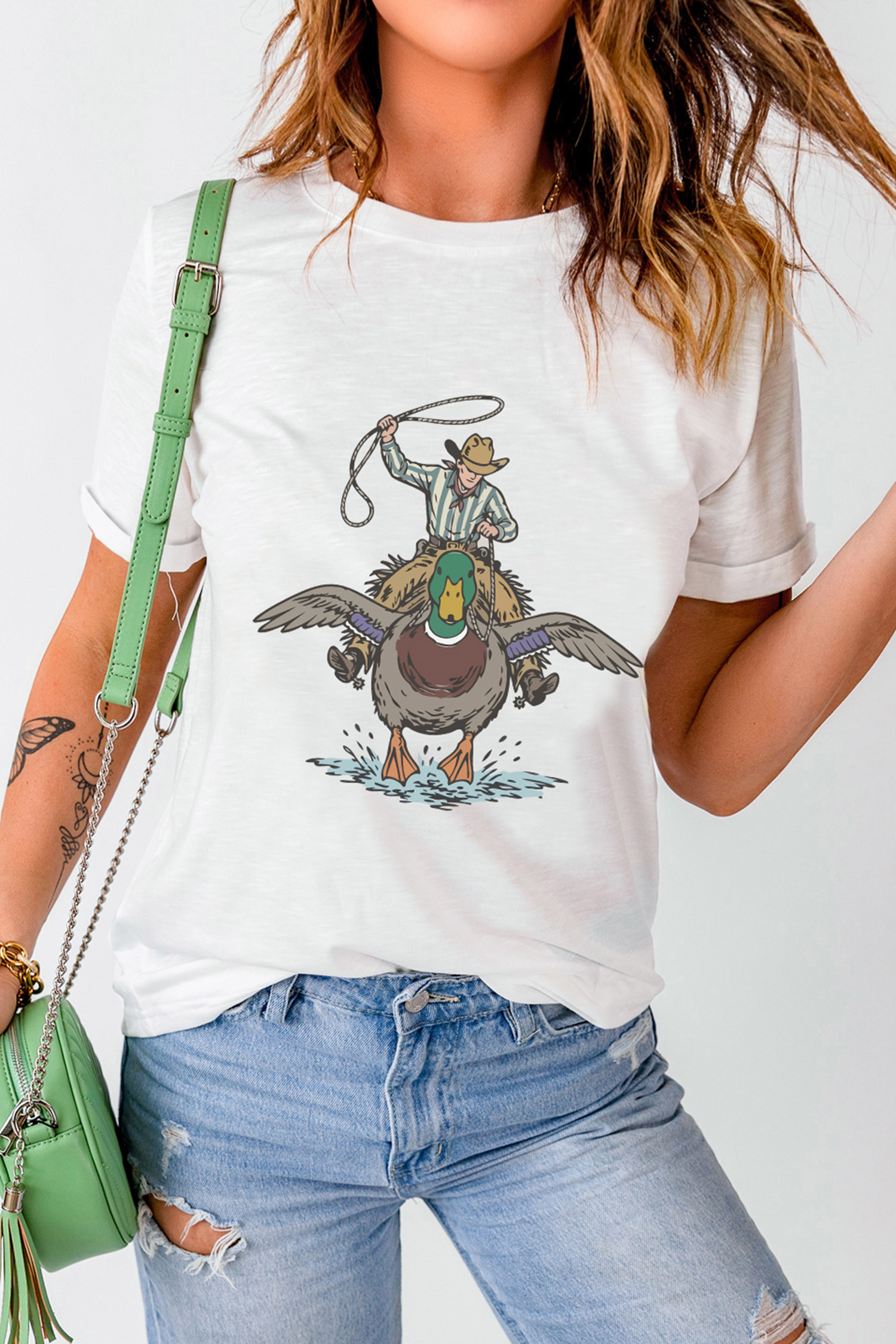 Western Cowboy Duck Print Tee, Women's White Graphic Top - Detail View 8 Western Cowboy Duck Print Tee, Women's White Graphic Top - Detail View 8