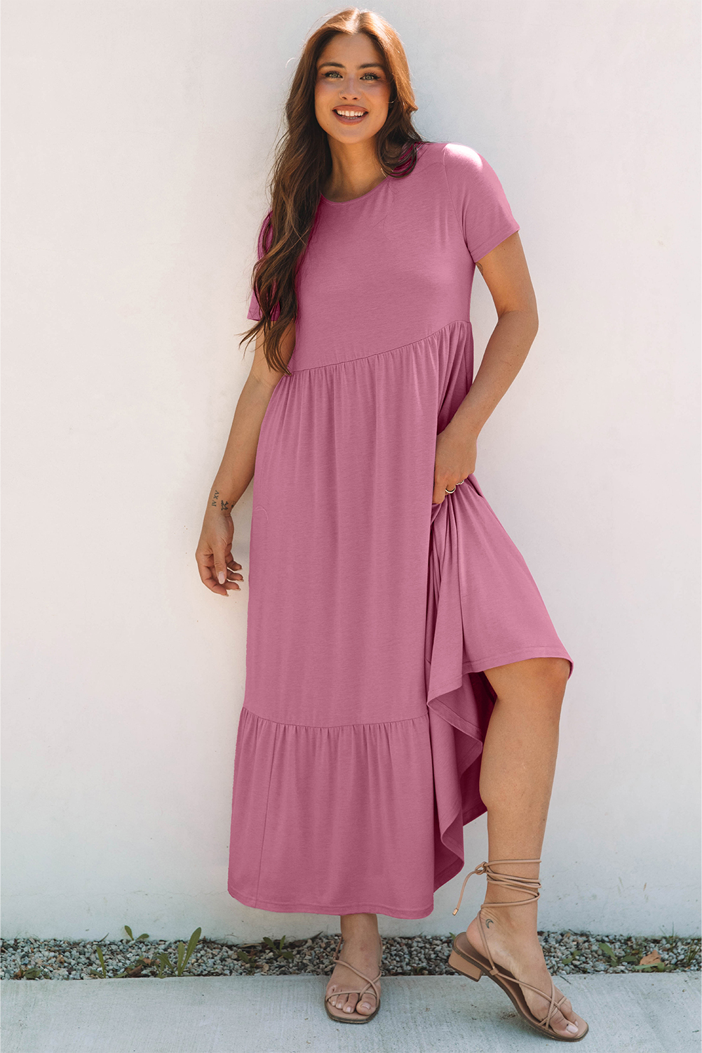 Chic and Casual Pink T-Shirt Style Maxi Dress with Side Pockets - Detail View 6 Chic and Casual Pink T-Shirt Style Maxi Dress with Side Pockets - Detail View 6