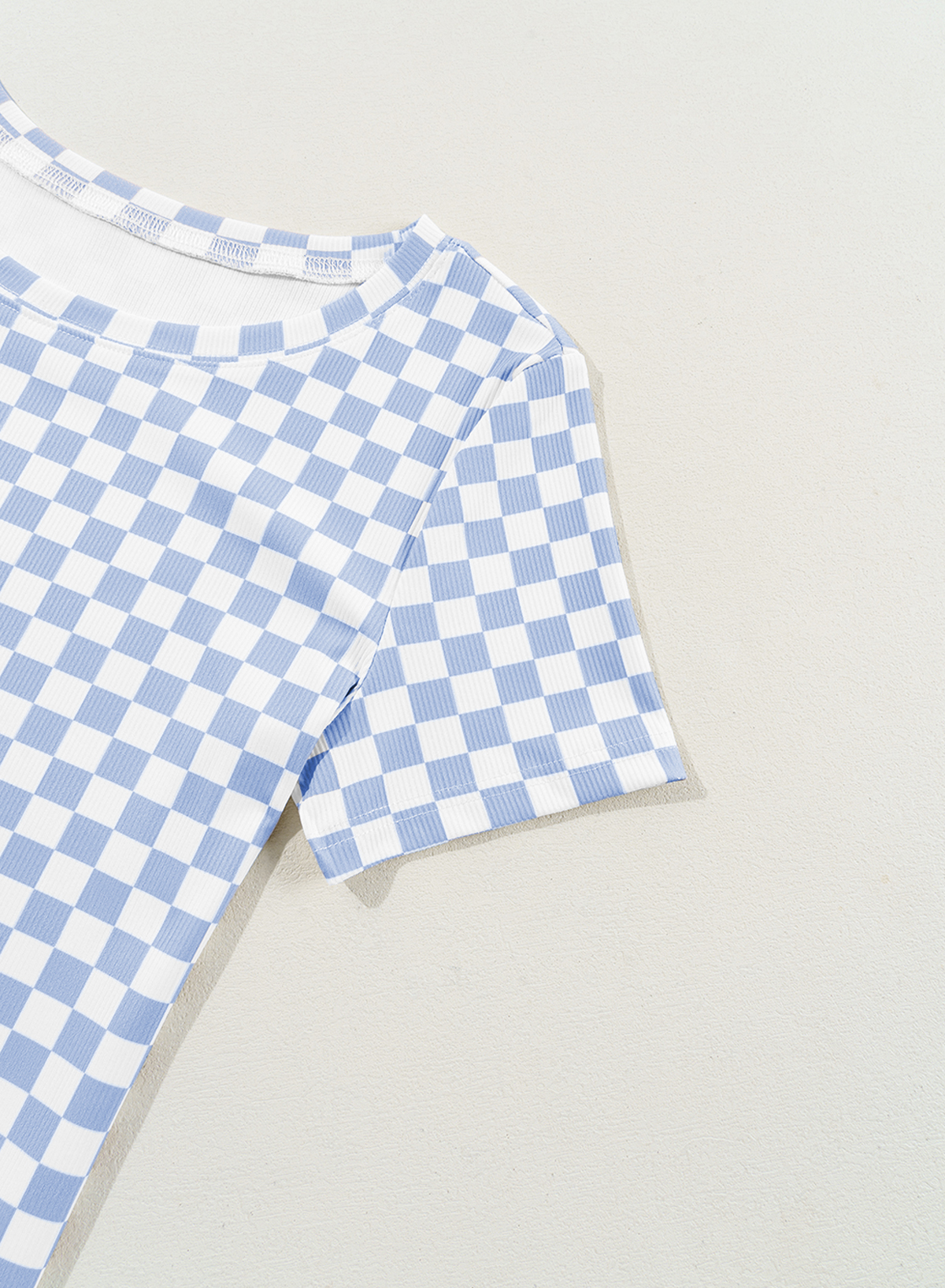 Sky Blue Checkered Ribbed Slim Fit Crew Neck T-Shirt for Women – Casual Summer Style - Detail View 7 Sky Blue Checkered Ribbed Slim Fit Crew Neck T-Shirt for Women – Casual Summer Style - Detail View 7