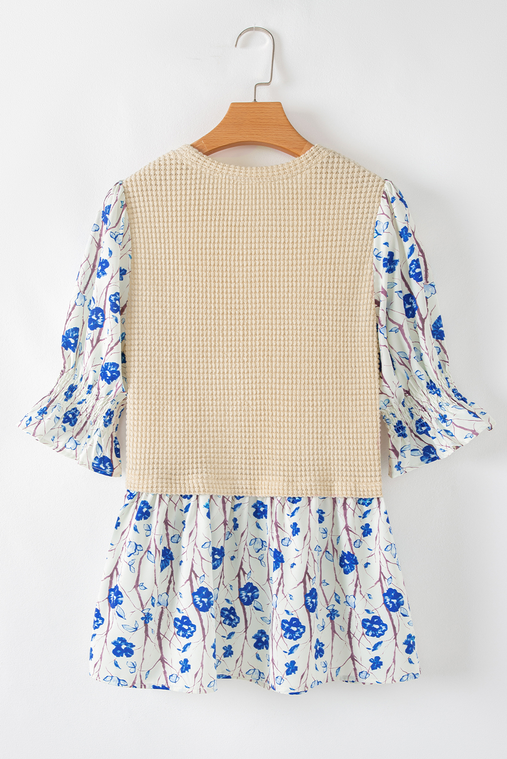 Women's Blouse, Beige Peplum, Floral Patchwork, Short Flounce Sleeves, Waffle Knit Fabric, Stylish Top, Summer Fashion, Daily Wear, Country Style, Comfortable Fit, Flattering Silhouette, Round Neck, Feminine Look - Detail View 4 Women's Blouse, Beige Peplum, Floral Patchwork, Short Flounce Sleeves, Waffle Knit Fabric, Stylish Top, Summer Fashion, Daily Wear, Country Style, Comfortable Fit, Flattering Silhouette, Round Neck, Feminine Look - Detail View 4