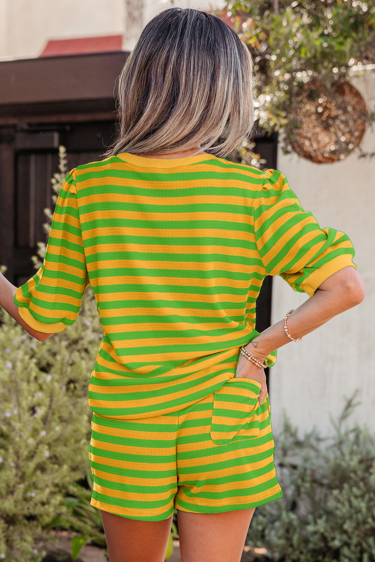 Summer Striped Matching Set for Women – Short Sleeve Waffle Knit Outfit for Daily Wear - Detail View 2 Summer Striped Matching Set for Women – Short Sleeve Waffle Knit Outfit for Daily Wear - Detail View 2