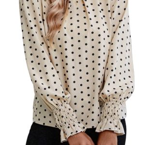 Women's Elegant Apricot Polka Dot Print Blouse with Frilled Collar and Lantern Sleeves - Main View
