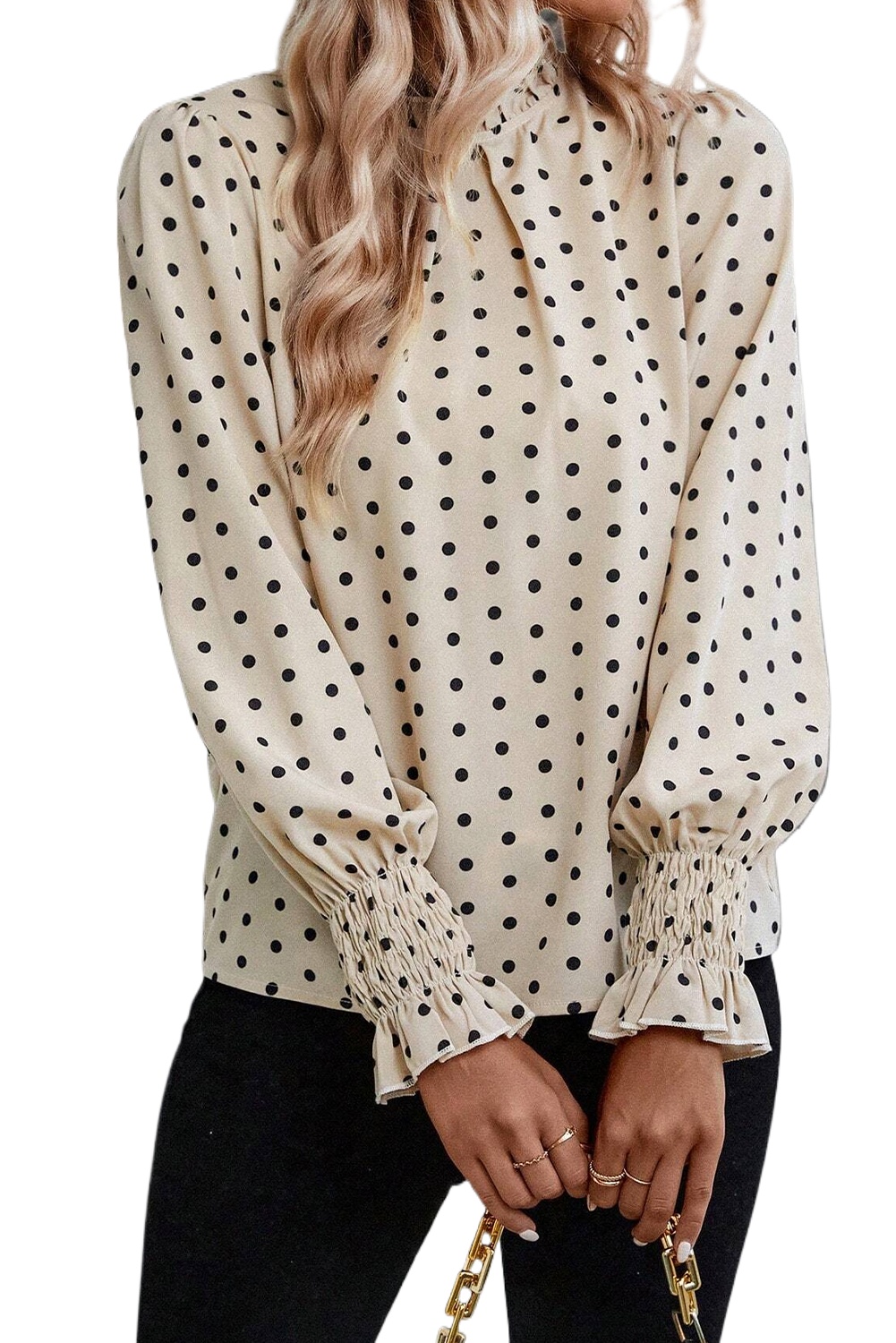 Women's Elegant Apricot Polka Dot Print Blouse with Frilled Collar and Lantern Sleeves - Main View Women's Elegant Apricot Polka Dot Print Blouse with Frilled Collar and Lantern Sleeves - Main View