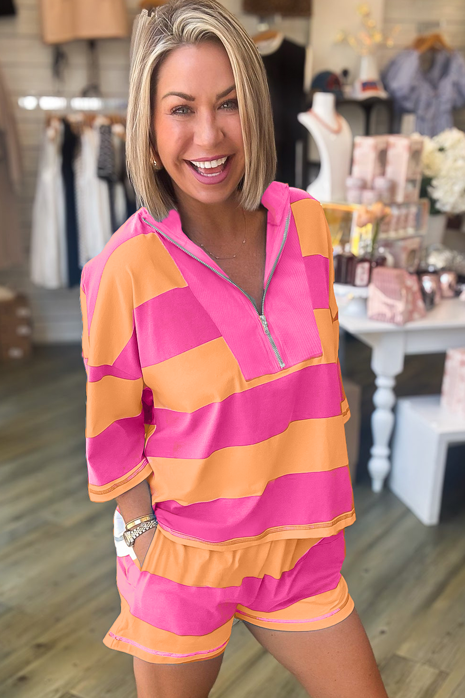 Sporty Women's Pink Striped Lounge Set – Half Zip Tee and High Waist Shorts, Summer Gift - Detail View 6 Sporty Women's Pink Striped Lounge Set – Half Zip Tee and High Waist Shorts, Summer Gift - Detail View 6