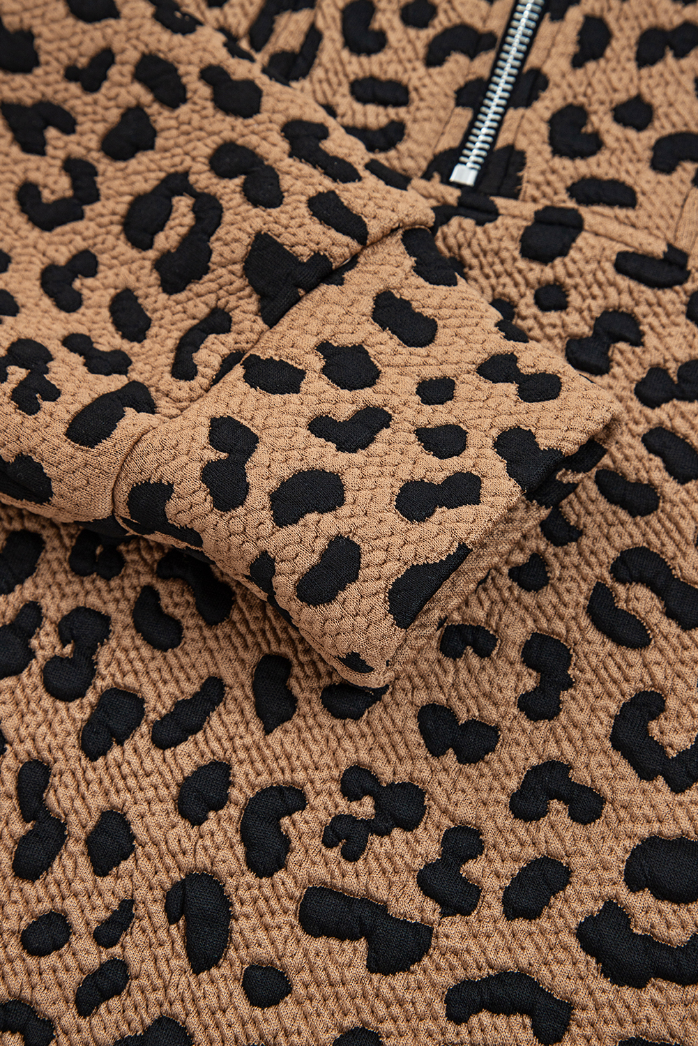 Women's Brown Leopard Print Quarter Zip Sweatshirt - Casual Fall Fashion - Detail View 9 Women's Brown Leopard Print Quarter Zip Sweatshirt - Casual Fall Fashion - Detail View 9