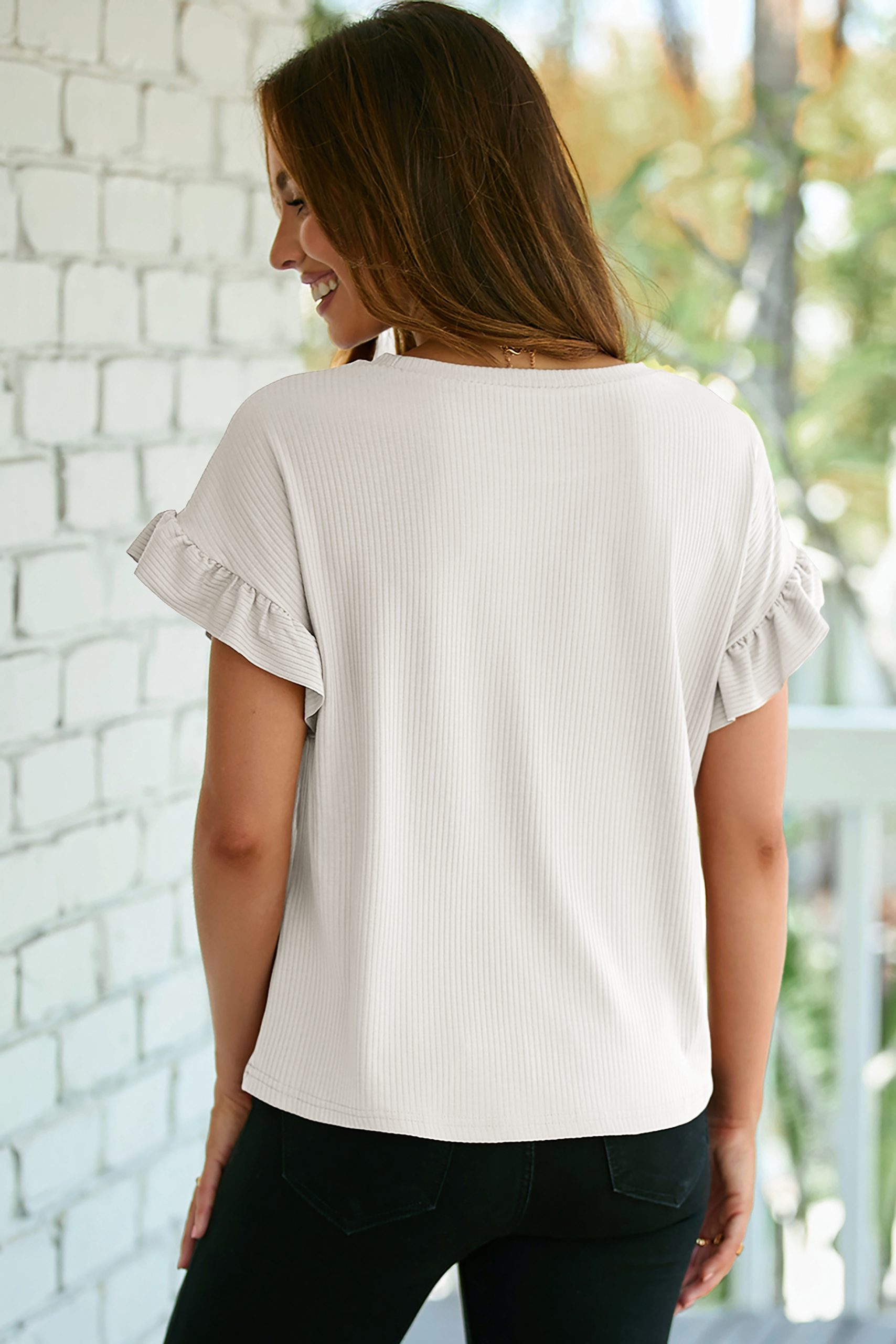 Chic White Solid Ruffled Short Sleeve Top for Women – Effortless Style for Office and Beyond - Detail View 5 Chic White Solid Ruffled Short Sleeve Top for Women – Effortless Style for Office and Beyond - Detail View 5