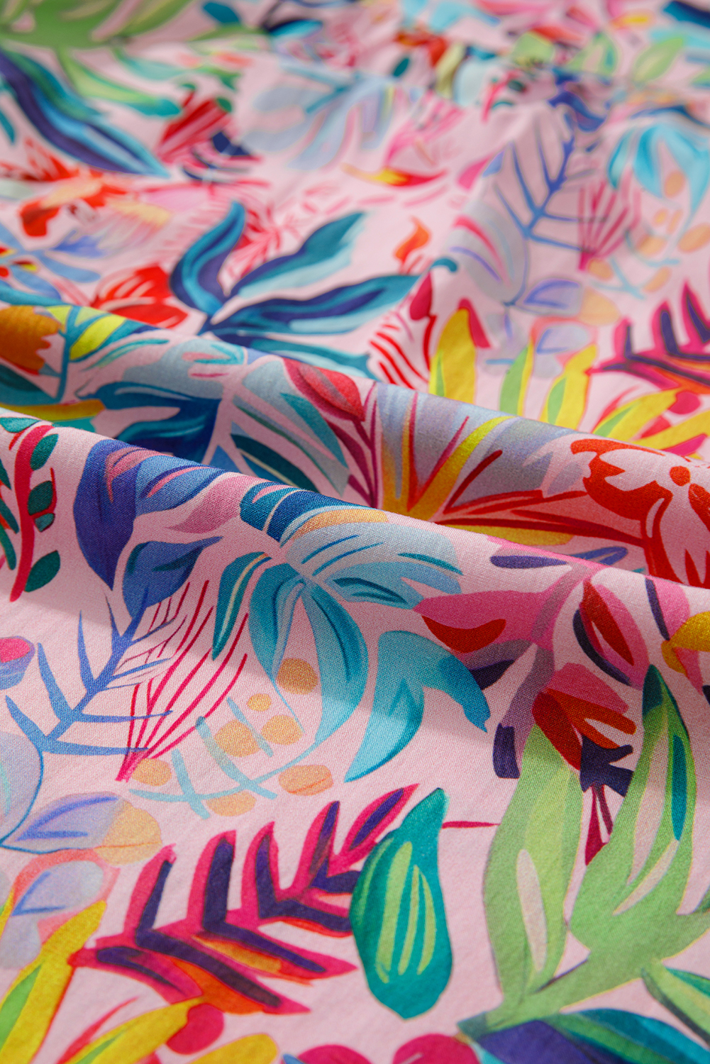 Women's Pink Tropical Floral Print Blouse – Ruffled Short Sleeve Top for Summer Outings - Detail View 10 Women's Pink Tropical Floral Print Blouse – Ruffled Short Sleeve Top for Summer Outings - Detail View 10