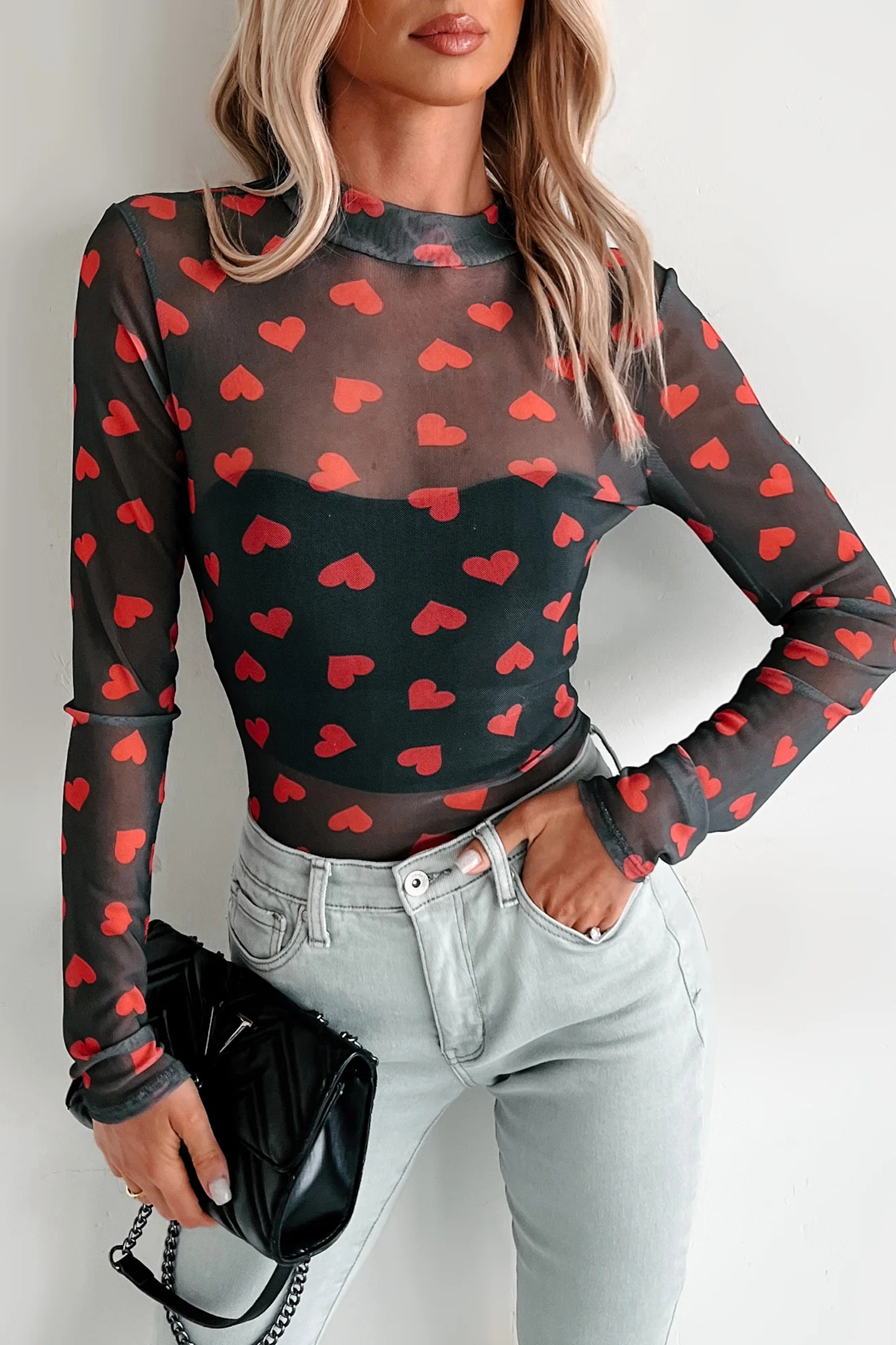 Women's Black Heart Printed Sheer Mesh Long Sleeve Top – Chic Casual Wear for Valentine's Day - Detail View 7 Women's Black Heart Printed Sheer Mesh Long Sleeve Top – Chic Casual Wear for Valentine's Day - Detail View 7