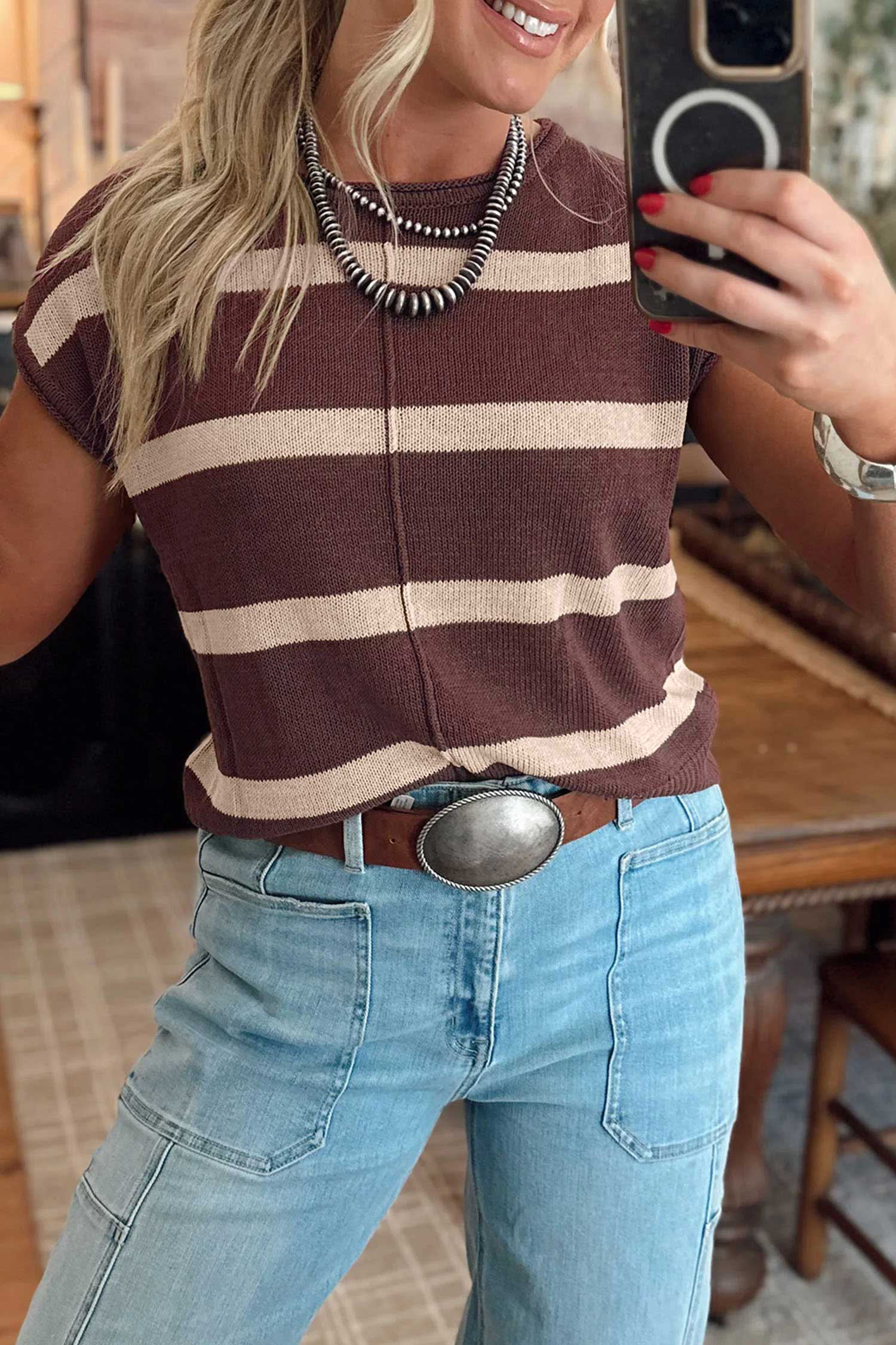Western Style Striped Sweater, Round Neck Short Sleeve Knit - Detail View 5 Western Style Striped Sweater, Round Neck Short Sleeve Knit - Detail View 5