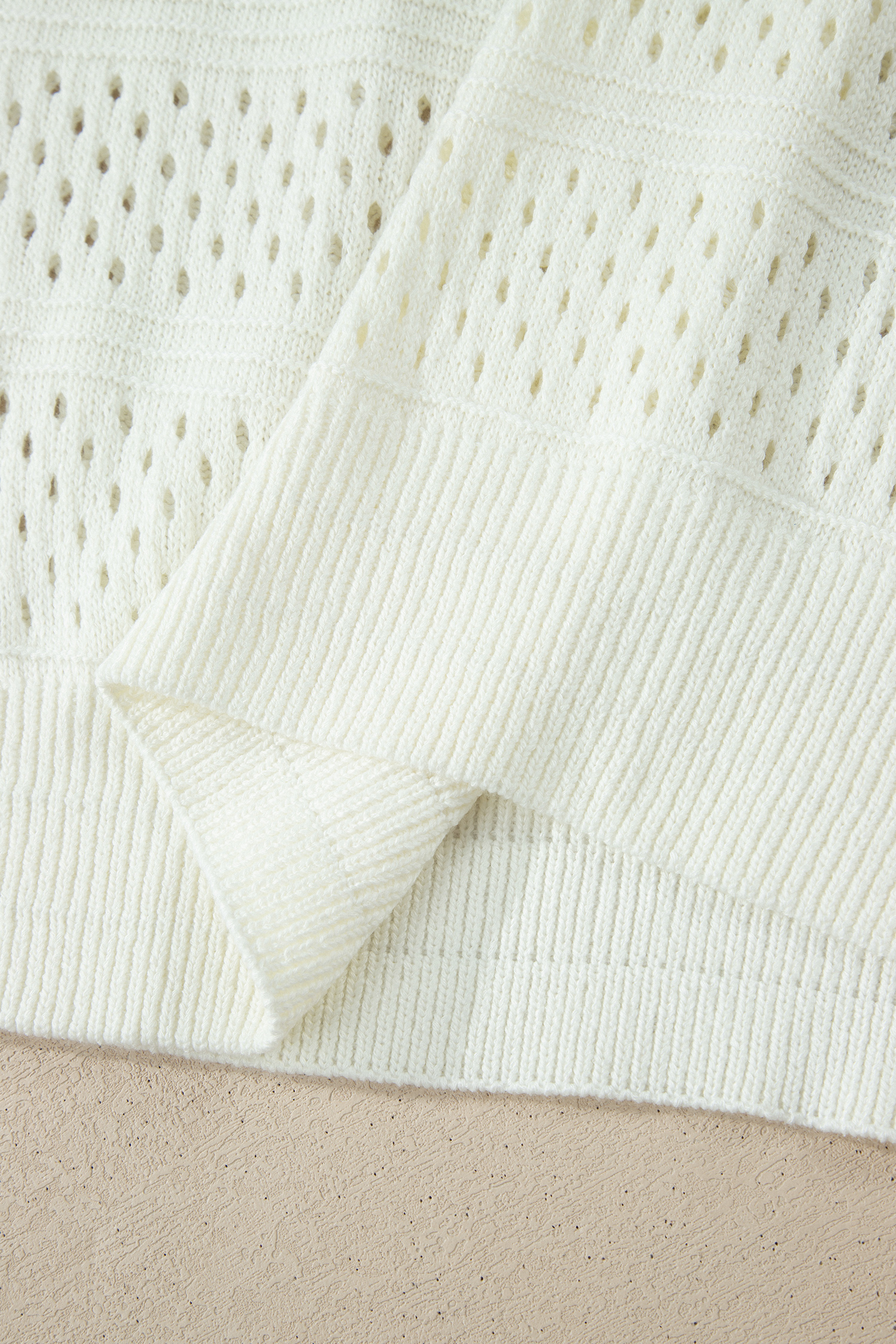 Women's Short Sleeve Hollow Out Dolman Sweater – Breathable White Eyelet Knit Top for Casual Daily Wear - Detail View 8 Women's Short Sleeve Hollow Out Dolman Sweater – Breathable White Eyelet Knit Top for Casual Daily Wear - Detail View 8