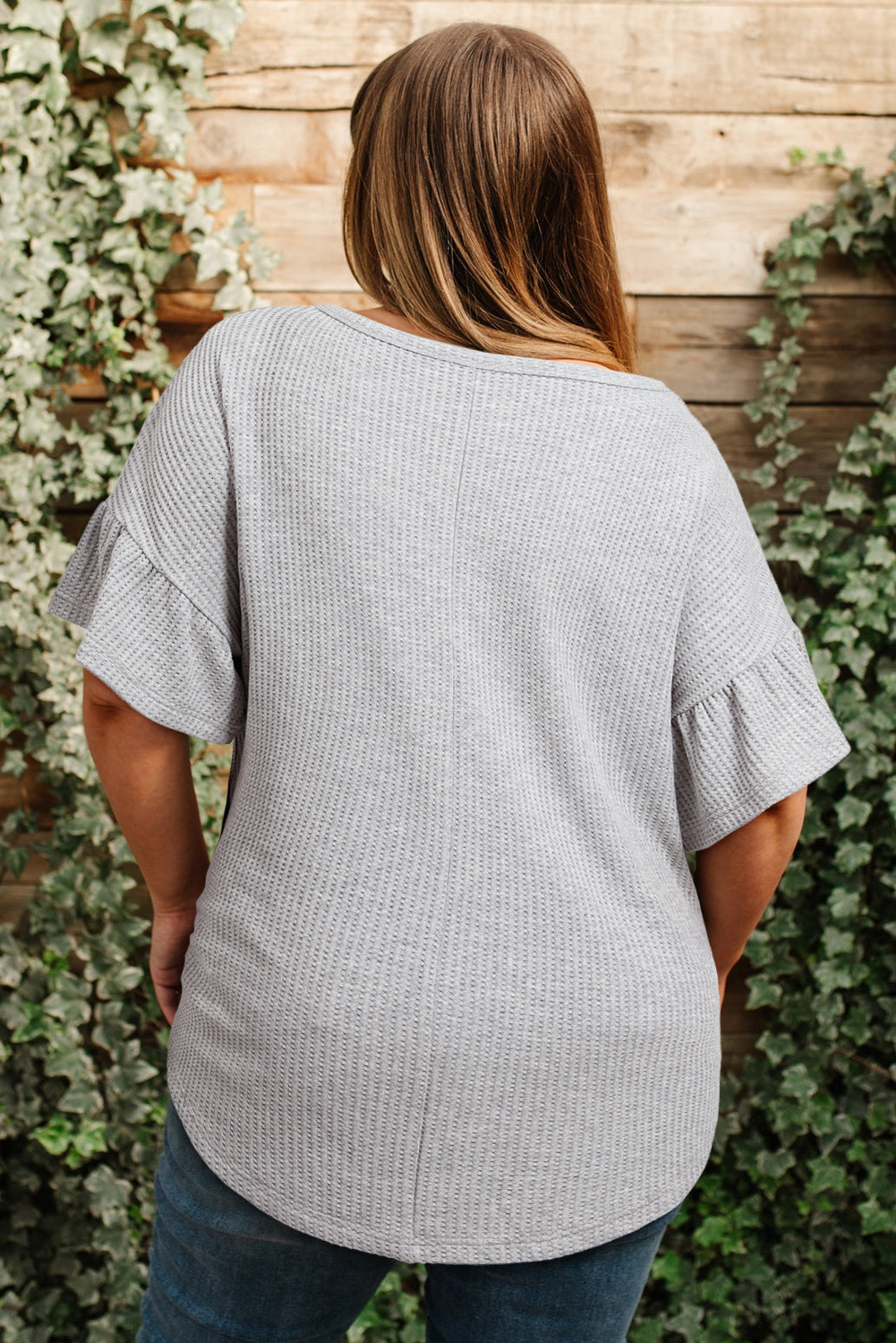 Elegant Plus Size Casual Top - Light Grey Waffle Knit with Lace Detailing - Detail View 2 Elegant Plus Size Casual Top - Light Grey Waffle Knit with Lace Detailing - Detail View 2