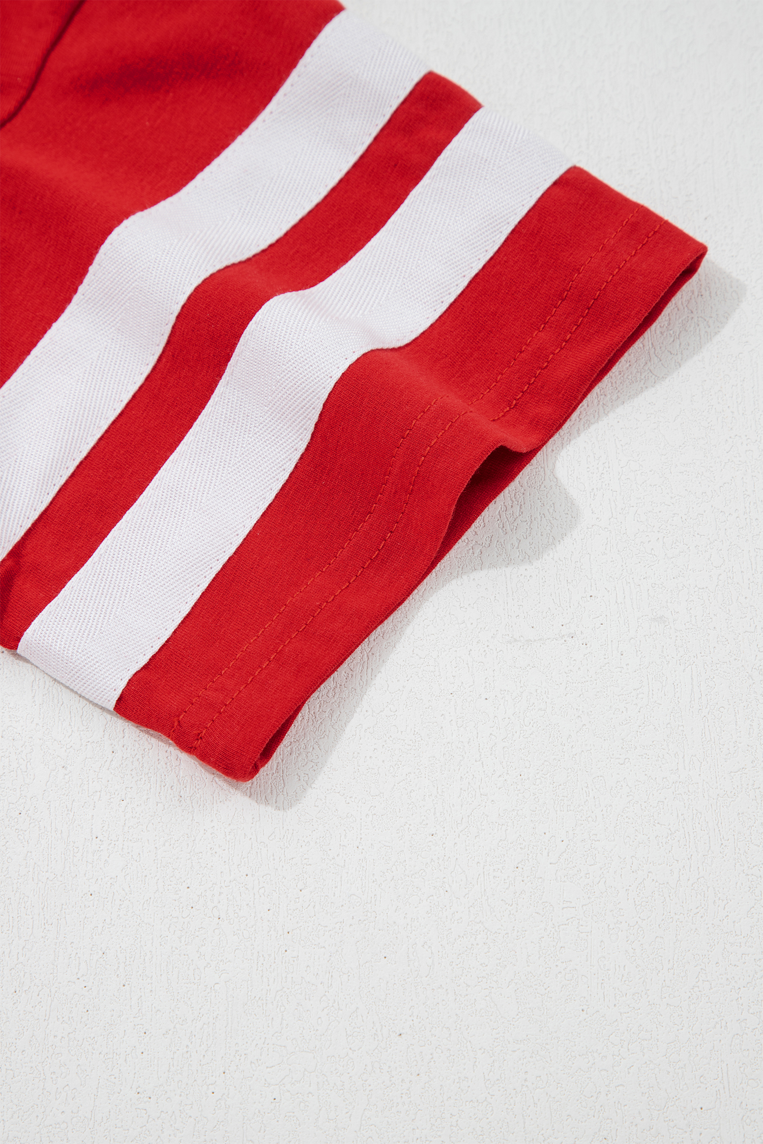 Women's Fiery Red Varsity T-Shirt – Short Sleeve Crew Neck Striped Casual Summer Top - Detail View 7 Women's Fiery Red Varsity T-Shirt – Short Sleeve Crew Neck Striped Casual Summer Top - Detail View 7