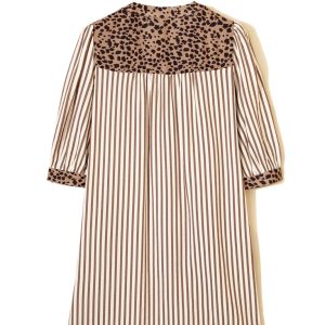 Women's Khaki Stripe & Leopard Trim Shirt Dress – Casual Summer Style with Bracelet Sleeves - Main View