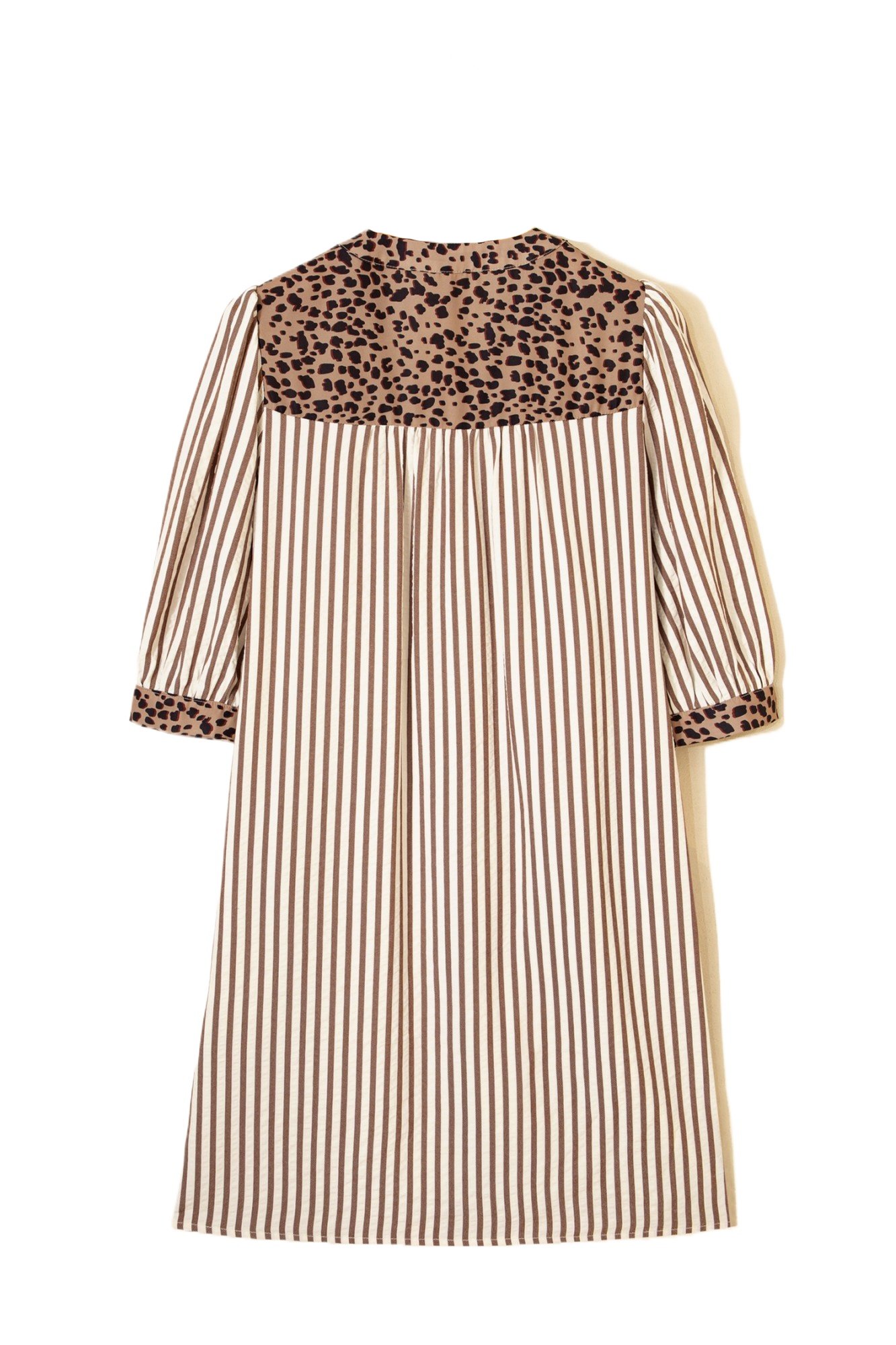 Women's Khaki Stripe & Leopard Trim Shirt Dress – Casual Summer Style with Bracelet Sleeves - Main View Women's Khaki Stripe & Leopard Trim Shirt Dress – Casual Summer Style with Bracelet Sleeves - Main View