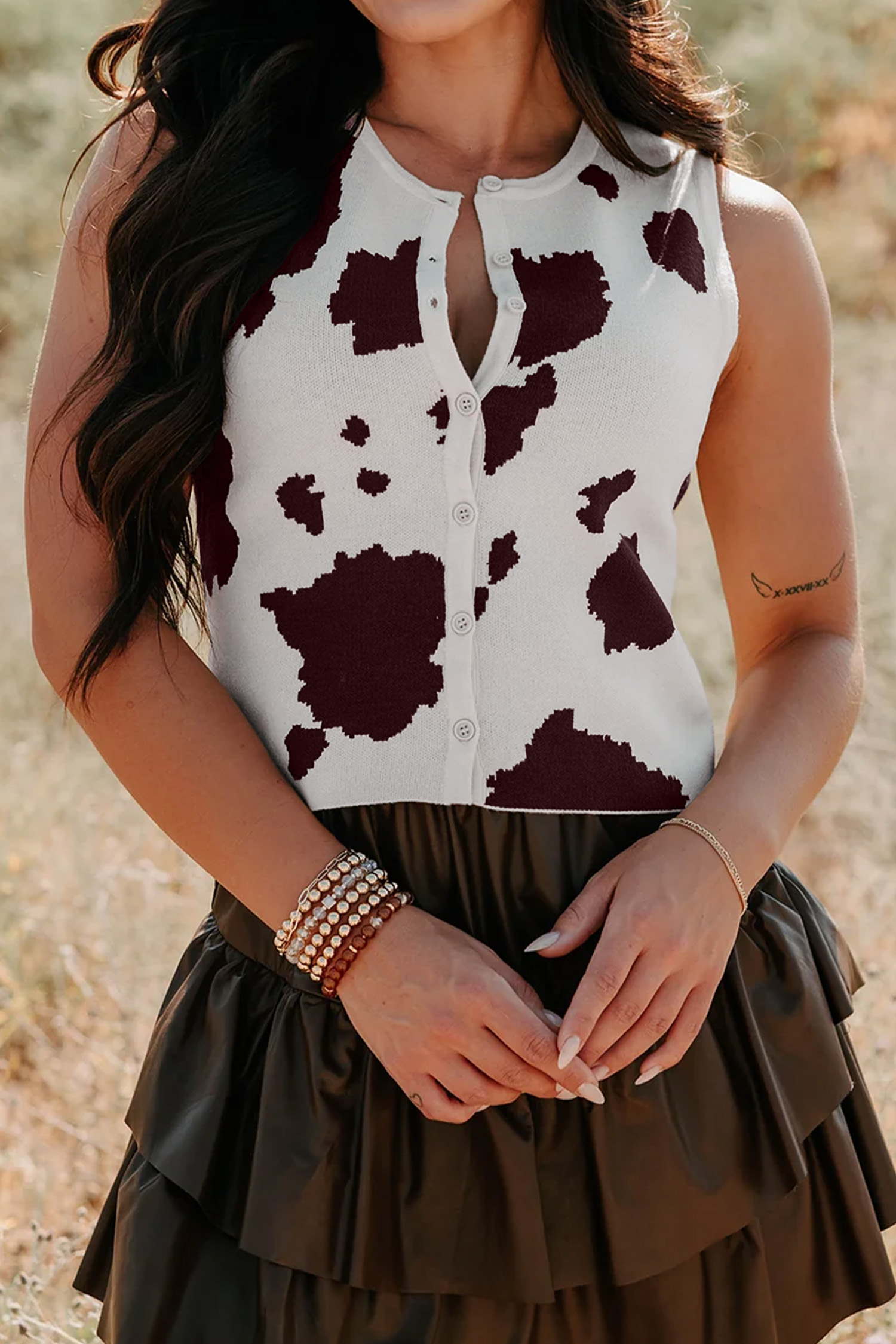 Women's Chic Western Cow Print Sweater Vest – Button Front Summer Knit Top, Stylish Gift for Her - Detail View 3 Women's Chic Western Cow Print Sweater Vest – Button Front Summer Knit Top, Stylish Gift for Her - Detail View 3