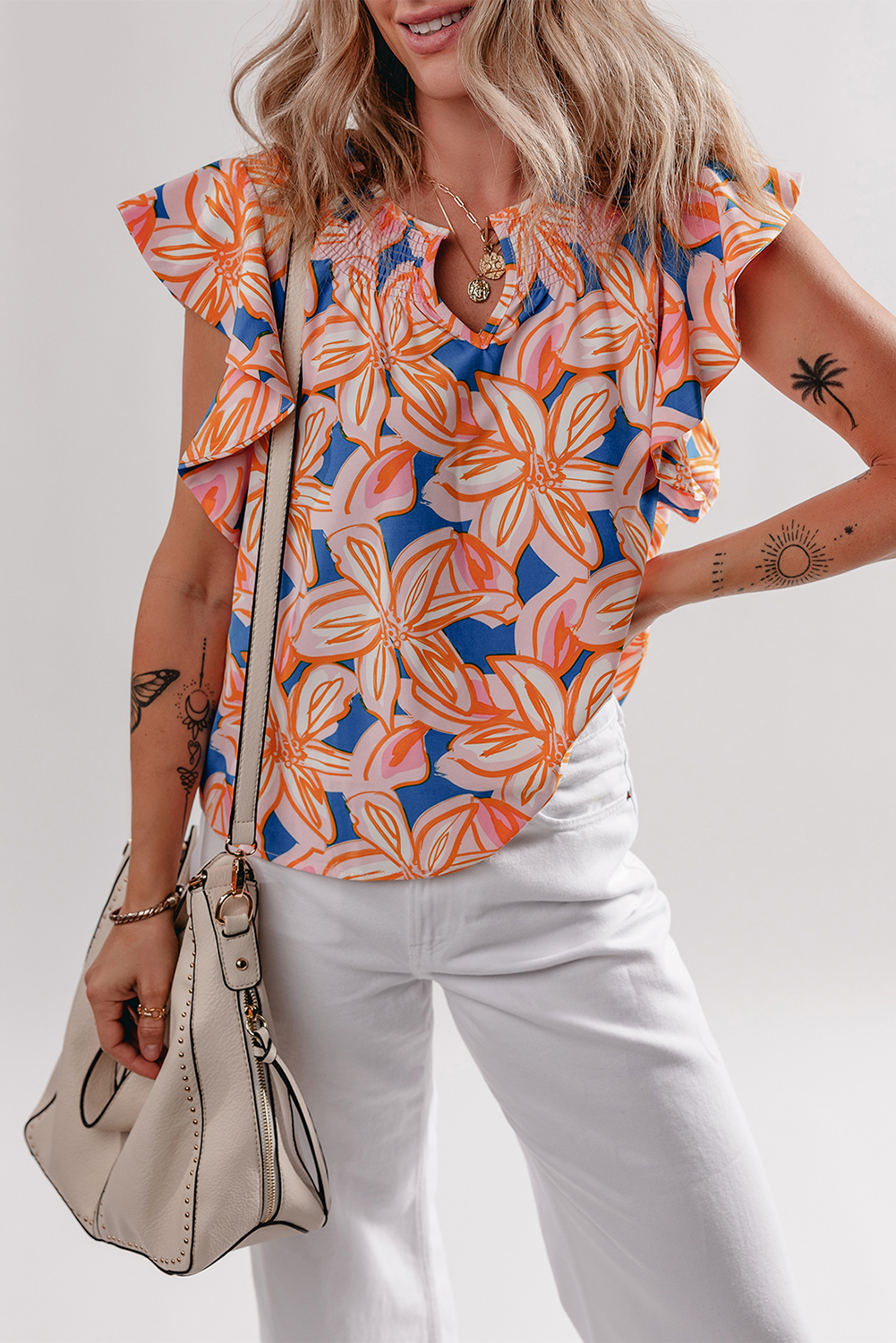 Charming Women's Orange Summer Flower Print Blouse with Ruffle Sleeves - Detail View 9 Charming Women's Orange Summer Flower Print Blouse with Ruffle Sleeves - Detail View 9