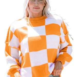 Women's Orange Checkered Bishop Sleeve Sweater – Cozy Casual Style for Fall Days - Main View