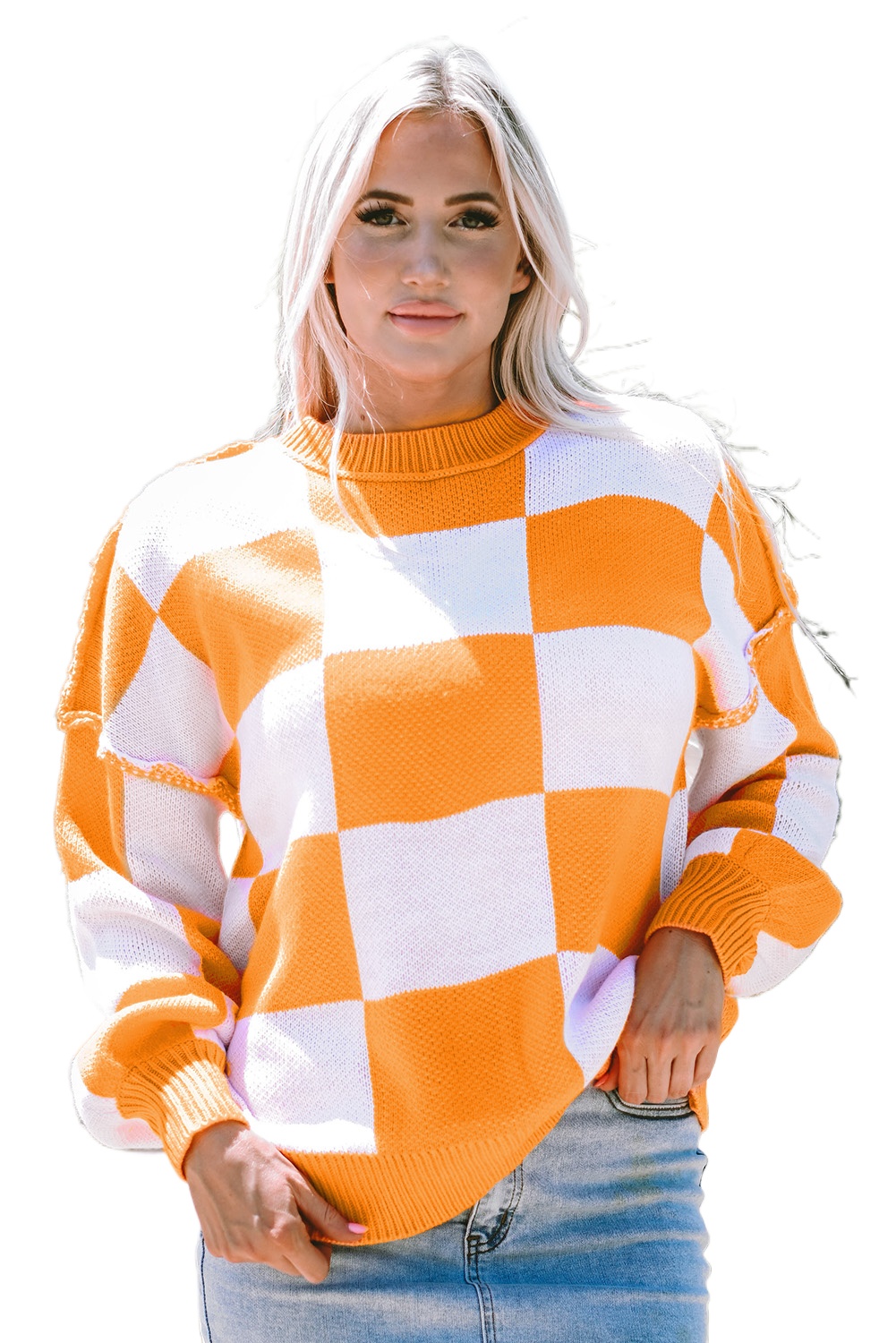 Women's Orange Checkered Bishop Sleeve Sweater – Cozy Casual Style for Fall Days - Main View Women's Orange Checkered Bishop Sleeve Sweater – Cozy Casual Style for Fall Days - Main View