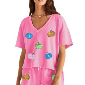 Women's Bonbon Sequin Halloween Pumpkin Pattern V Neck Tee and Drawstring Bottoms Casual Short Set - Main View