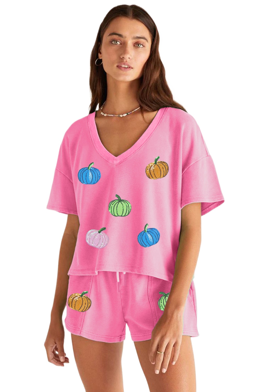 Women's Bonbon Sequin Halloween Pumpkin Pattern V Neck Tee and Drawstring Bottoms Casual Short Set - Main View Women's Bonbon Sequin Halloween Pumpkin Pattern V Neck Tee and Drawstring Bottoms Casual Short Set - Main View