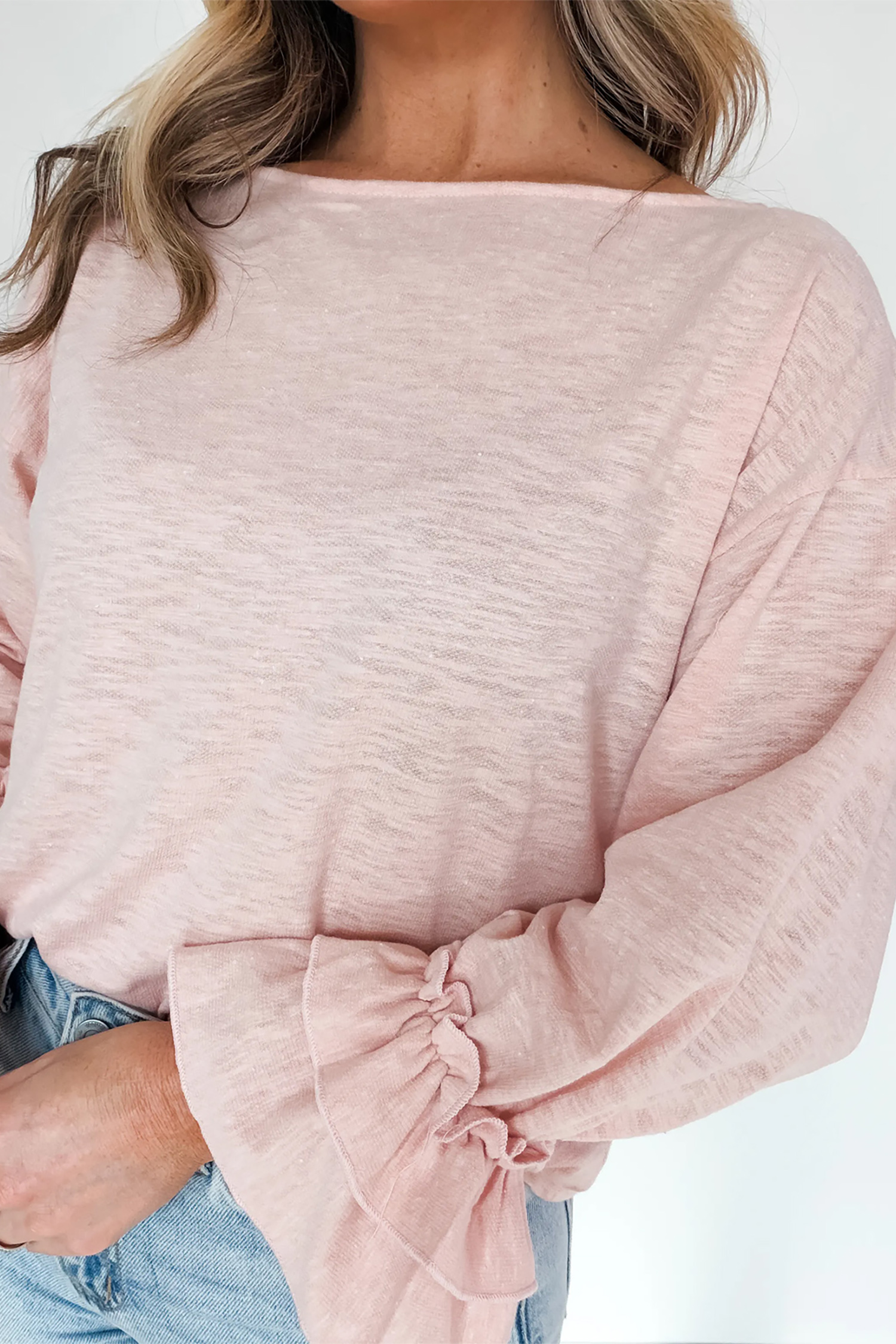 Women's Casual Pink Long Sleeve Top – Ruffle Cuff Spring Knit - Detail View 9 Women's Casual Pink Long Sleeve Top – Ruffle Cuff Spring Knit - Detail View 9