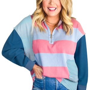 Plus Size Blue Stripe Colorblock Patchwork Zip-Up Pullover for Women - Main View