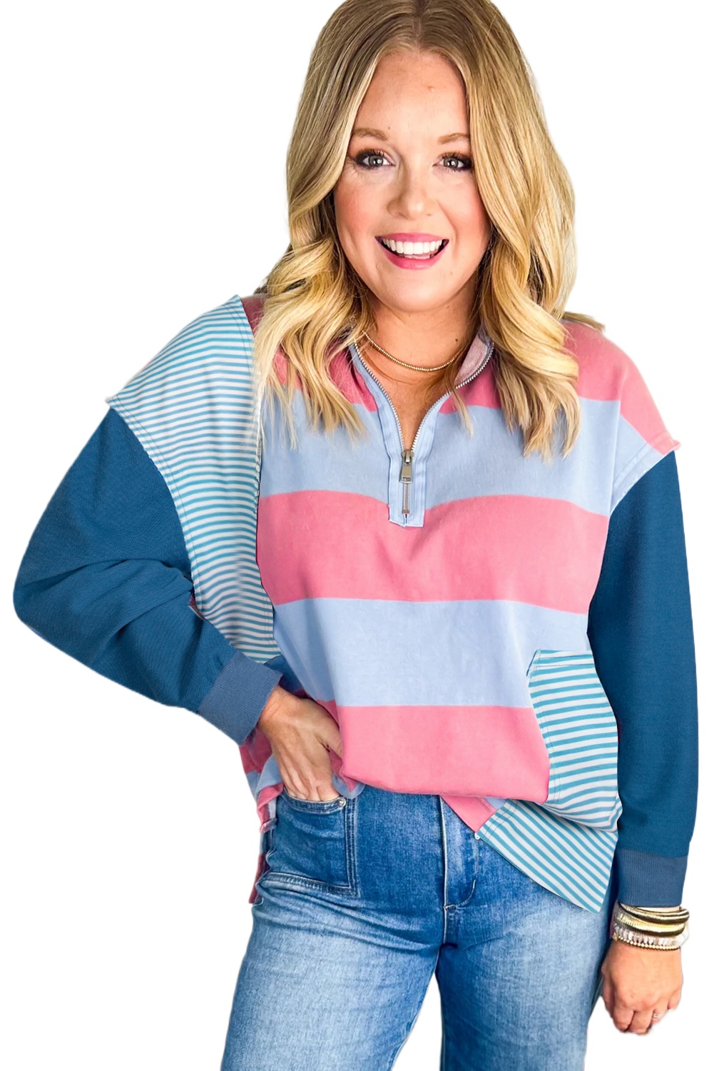 Plus Size Blue Stripe Colorblock Patchwork Zip-Up Pullover for Women - Main View Plus Size Blue Stripe Colorblock Patchwork Zip-Up Pullover for Women - Main View