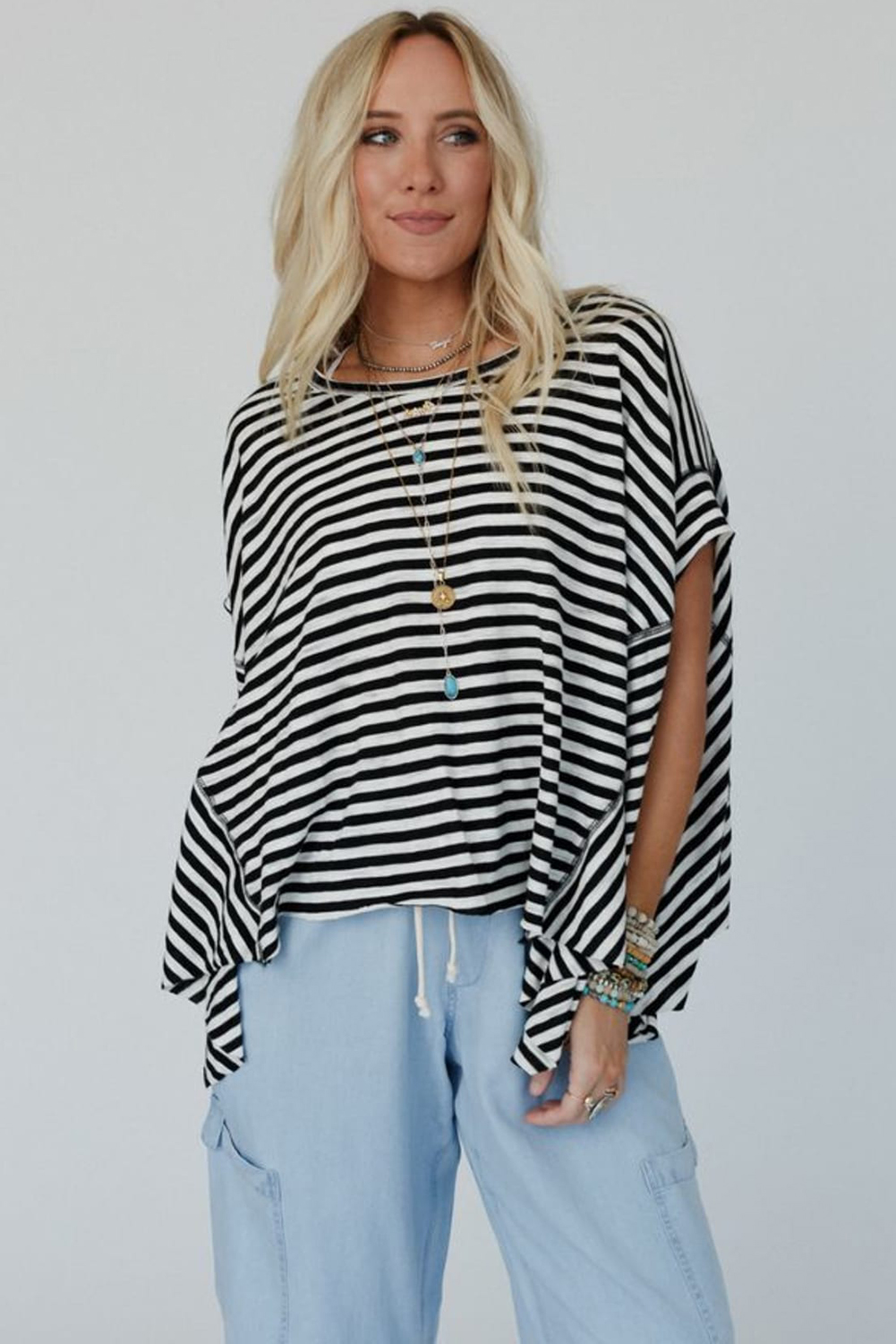 Stylish Batwing Sleeve Shirt: Relaxed Fit Black Stripe Crewneck Top for Women - Detail View 2 Stylish Batwing Sleeve Shirt: Relaxed Fit Black Stripe Crewneck Top for Women - Detail View 2