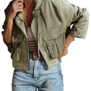 Women's Laurel Green Zipped Pocket Cropped Hooded Utility Jacket for Casual Fall Outings - Main View